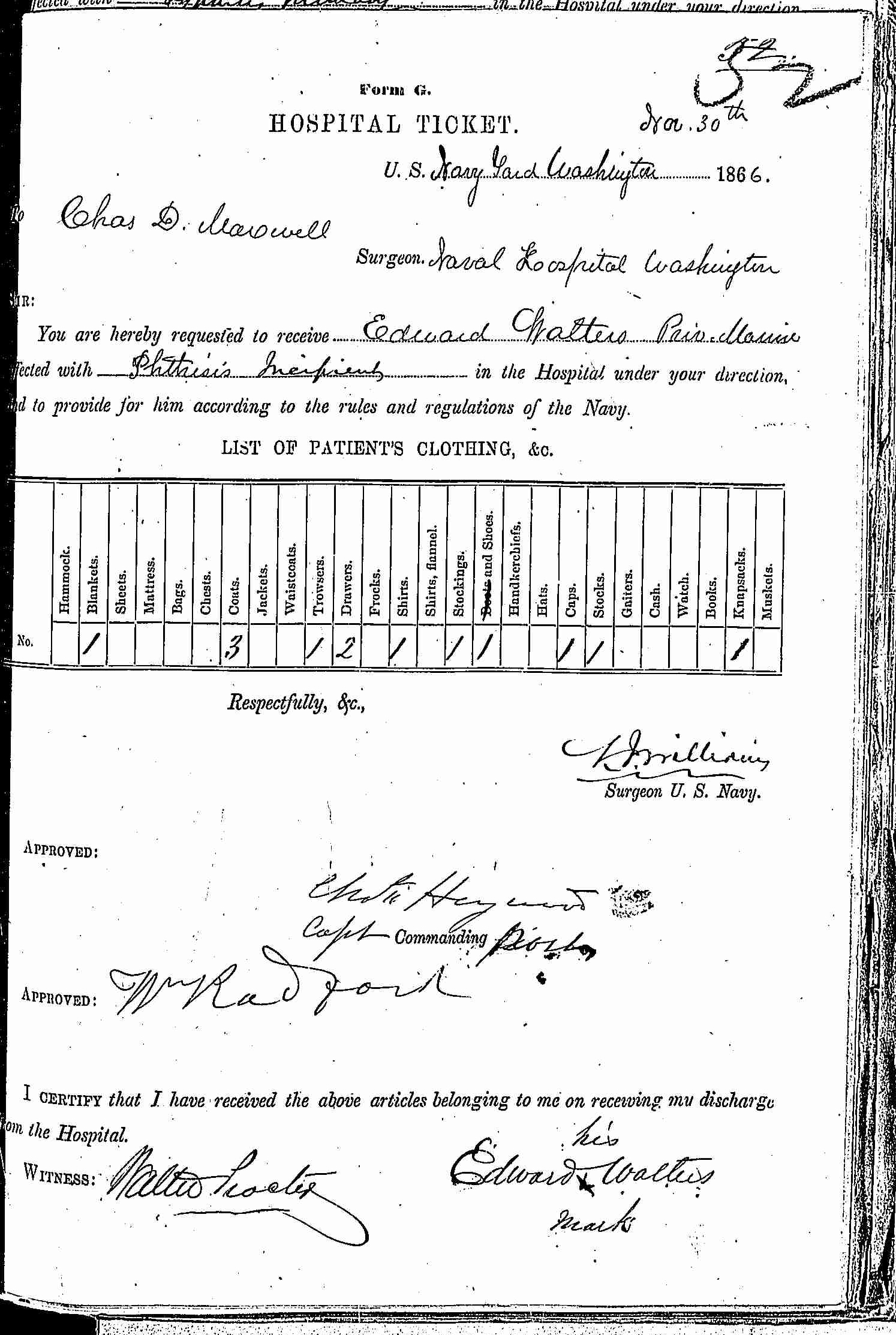 Entry for Edward Walters (first admission page 1 of 4) in the log Hospital Tickets and Case Papers - Naval Hospital - Washington, D.C. - 1865-68