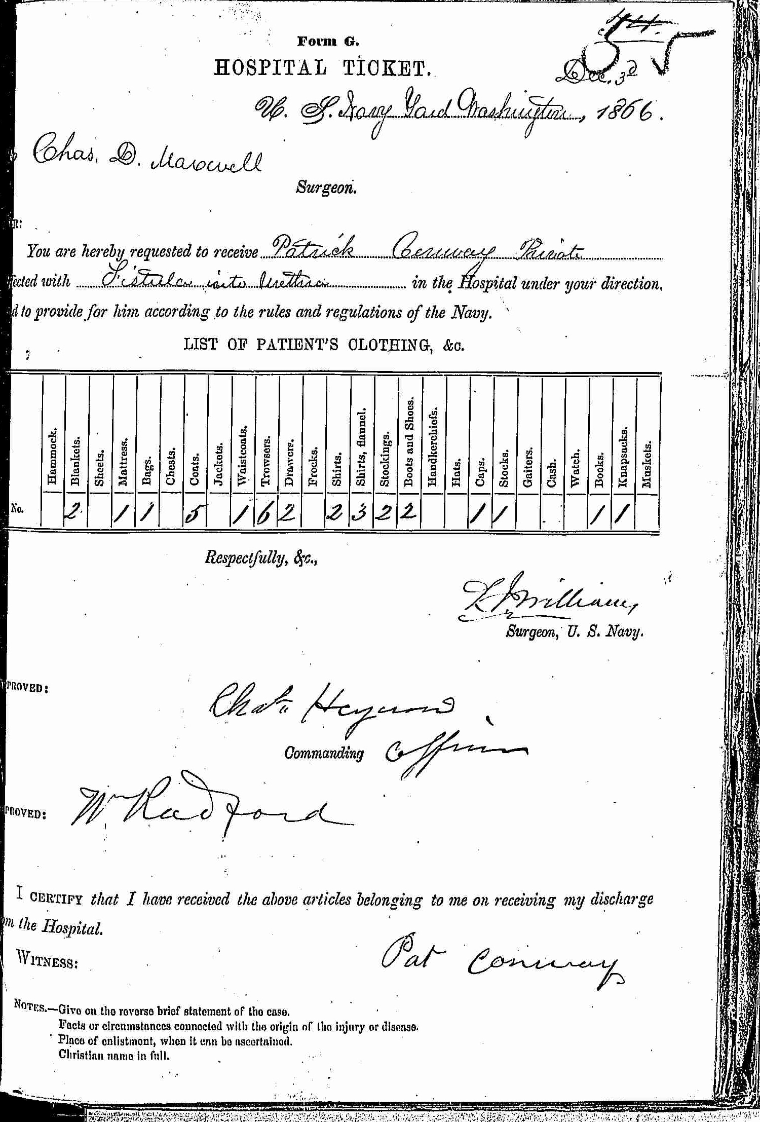 Entry for Patrick Conway (page 1 of 2) in the log Hospital Tickets and Case Papers - Naval Hospital - Washington, D.C. - 1865-68