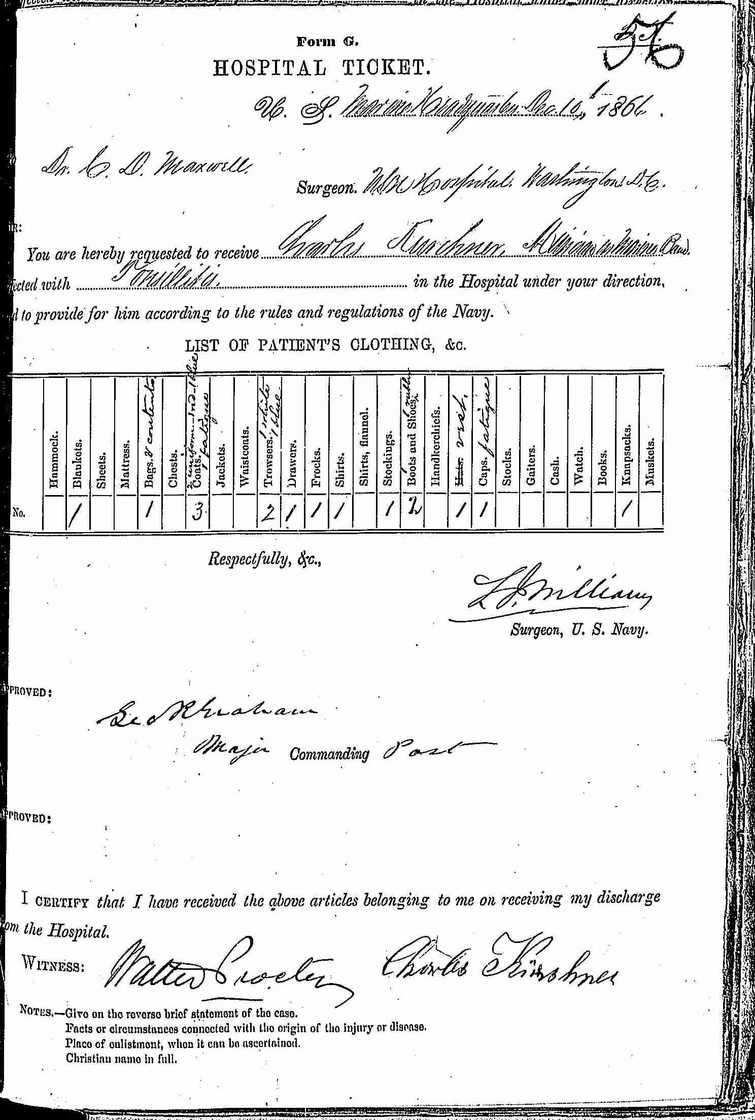 Entry for Charles Kerschner (first admission page 1 of 2) in the log Hospital Tickets and Case Papers - Naval Hospital - Washington, D.C. - 1865-68