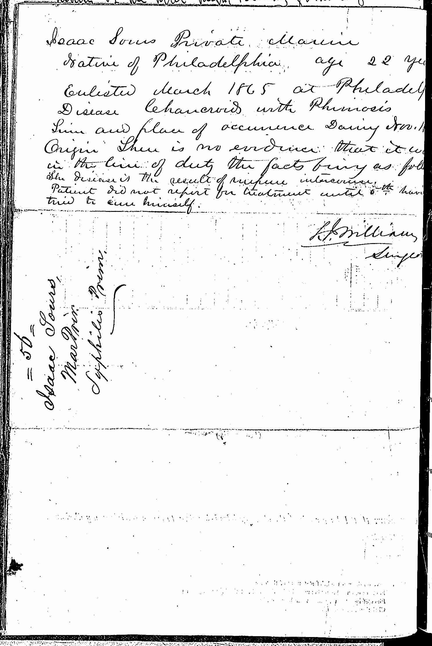 Entry for Isaac Sours (first admission page 2 of 2) in the log Hospital Tickets and Case Papers - Naval Hospital - Washington, D.C. - 1865-68