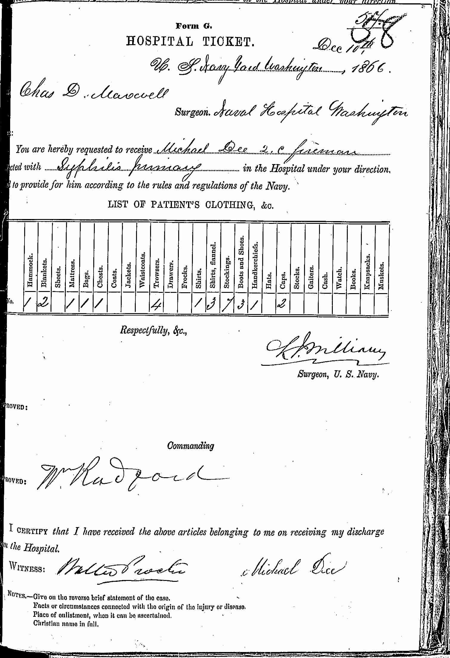 Entry for Michael Dee (page 1 of 2) in the log Hospital Tickets and Case Papers - Naval Hospital - Washington, D.C. - 1865-68