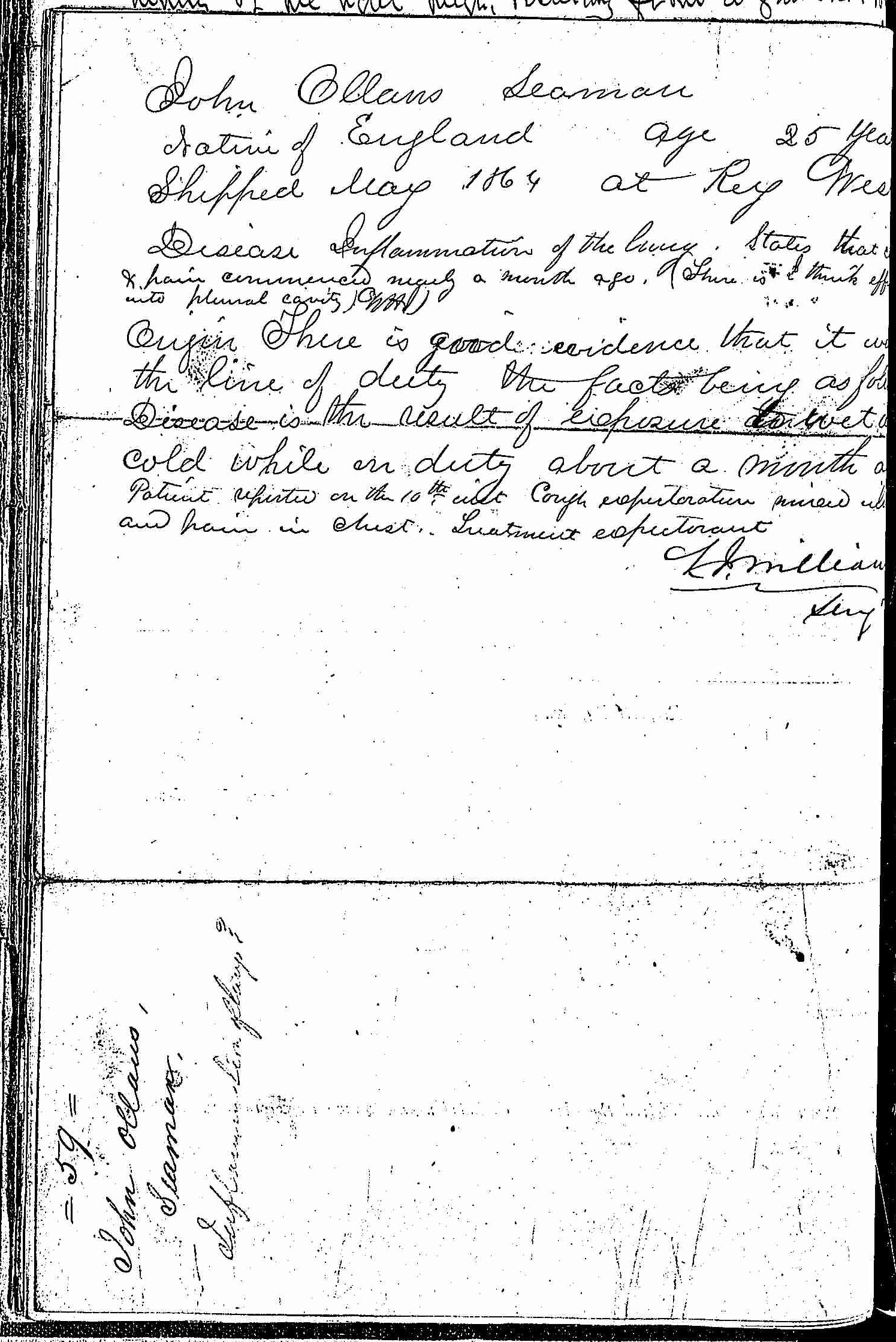 Entry for John Ollaus (page 2 of 2) in the log Hospital Tickets and Case Papers - Naval Hospital - Washington, D.C. - 1865-68