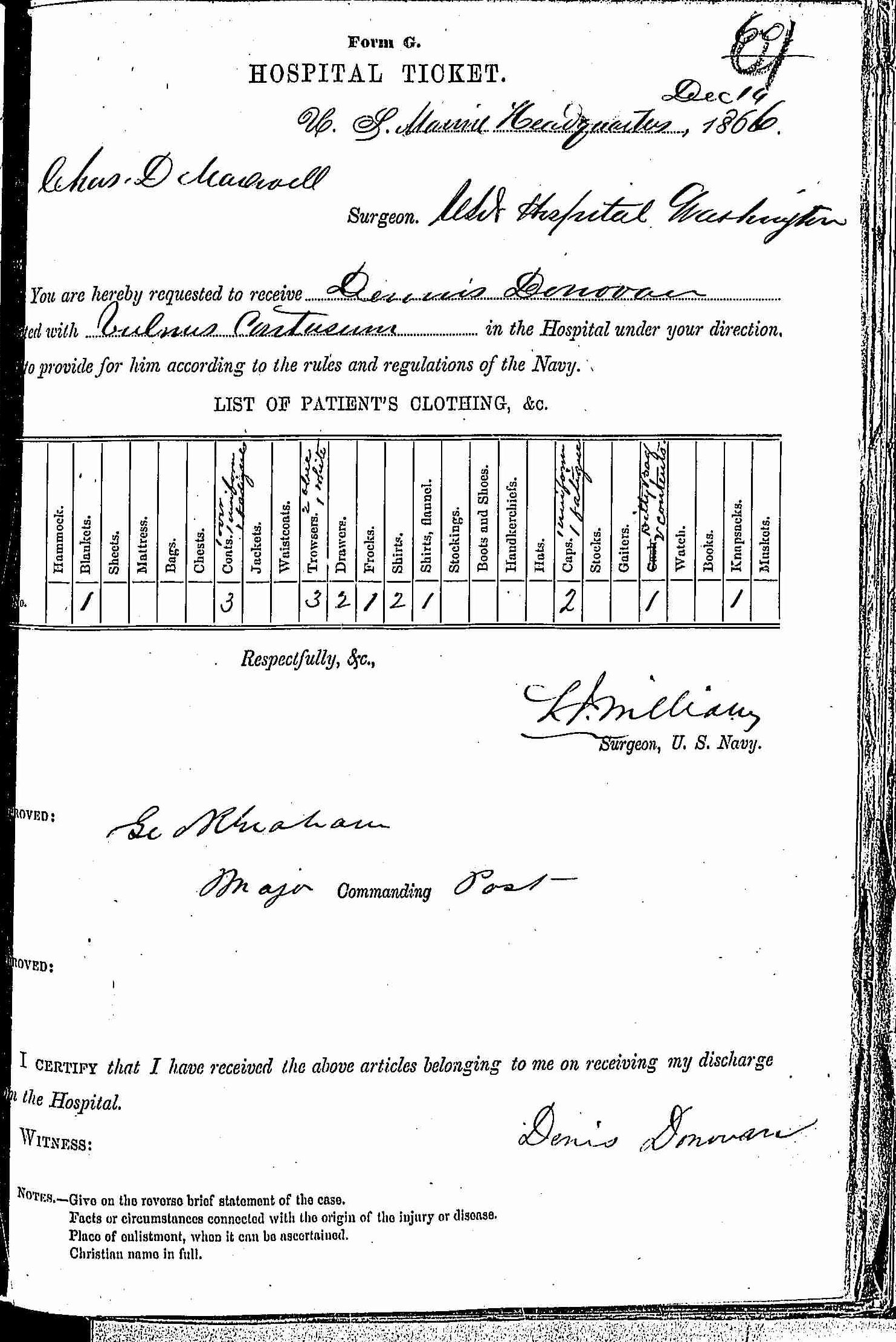 Entry for Dennis Donovan (page 1 of 2) in the log Hospital Tickets and Case Papers - Naval Hospital - Washington, D.C. - 1865-68