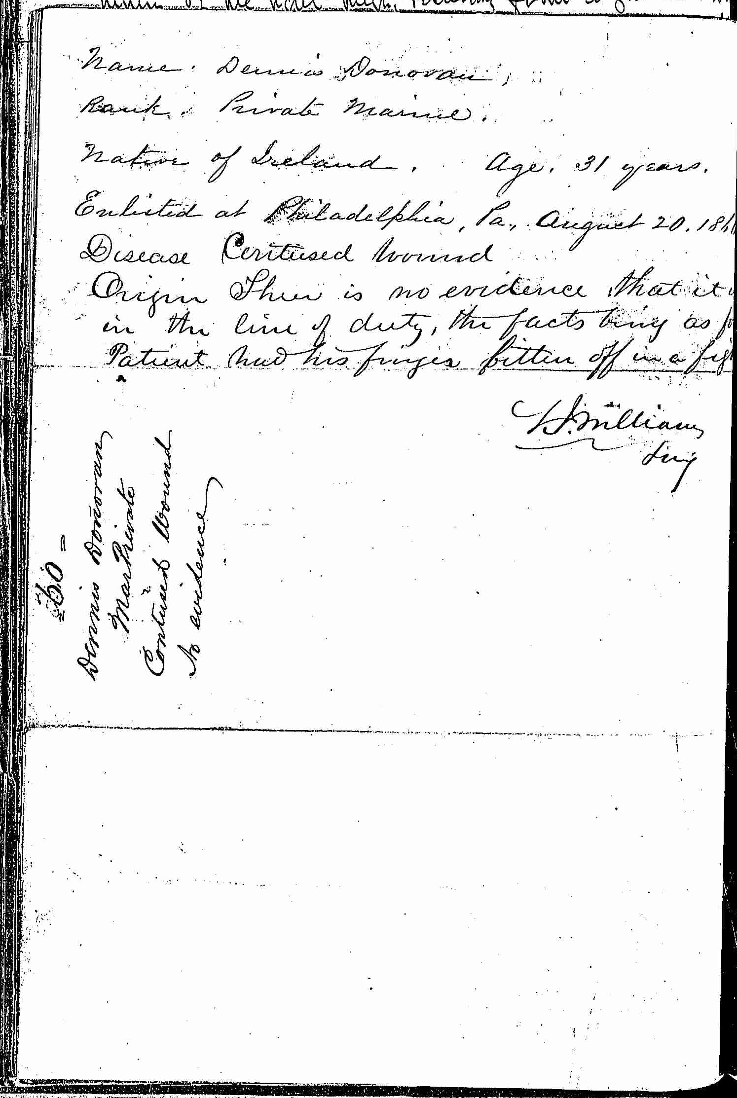 Entry for Dennis Donovan (page 2 of 2) in the log Hospital Tickets and Case Papers - Naval Hospital - Washington, D.C. - 1865-68