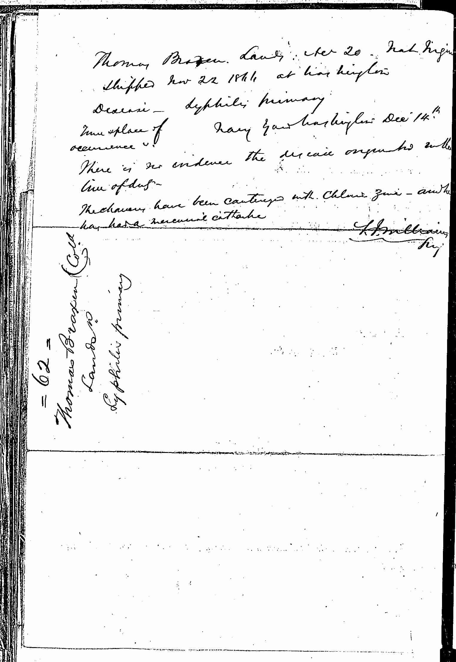 Entry for Thomas Broxen (page 2 of 2) in the log Hospital Tickets and Case Papers - Naval Hospital - Washington, D.C. - 1865-68