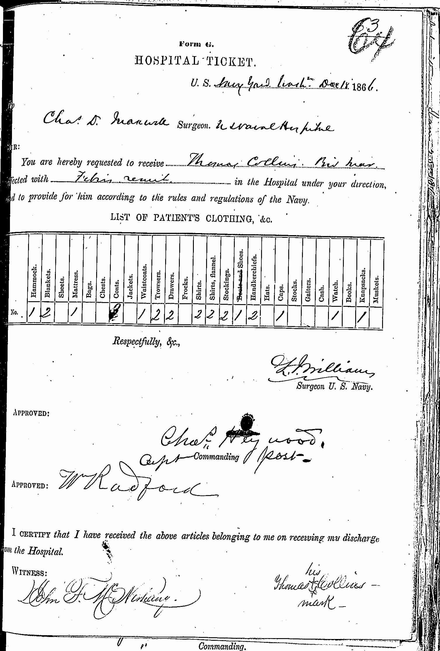 Entry for Thomas Collins (first admission page 1 of 2) in the log Hospital Tickets and Case Papers - Naval Hospital - Washington, D.C. - 1865-68