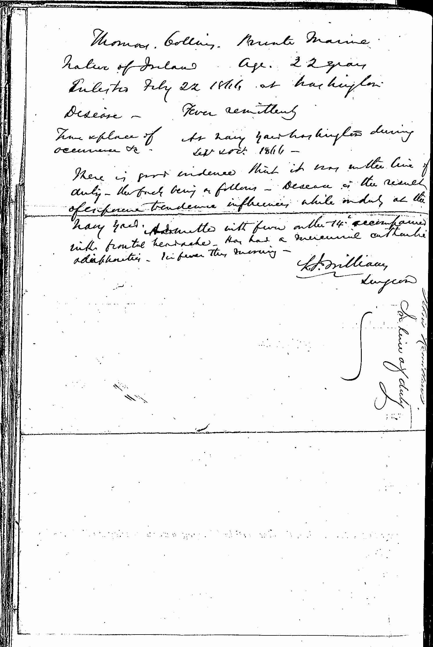 Entry for Thomas Collins (first admission page 2 of 2) in the log Hospital Tickets and Case Papers - Naval Hospital - Washington, D.C. - 1865-68