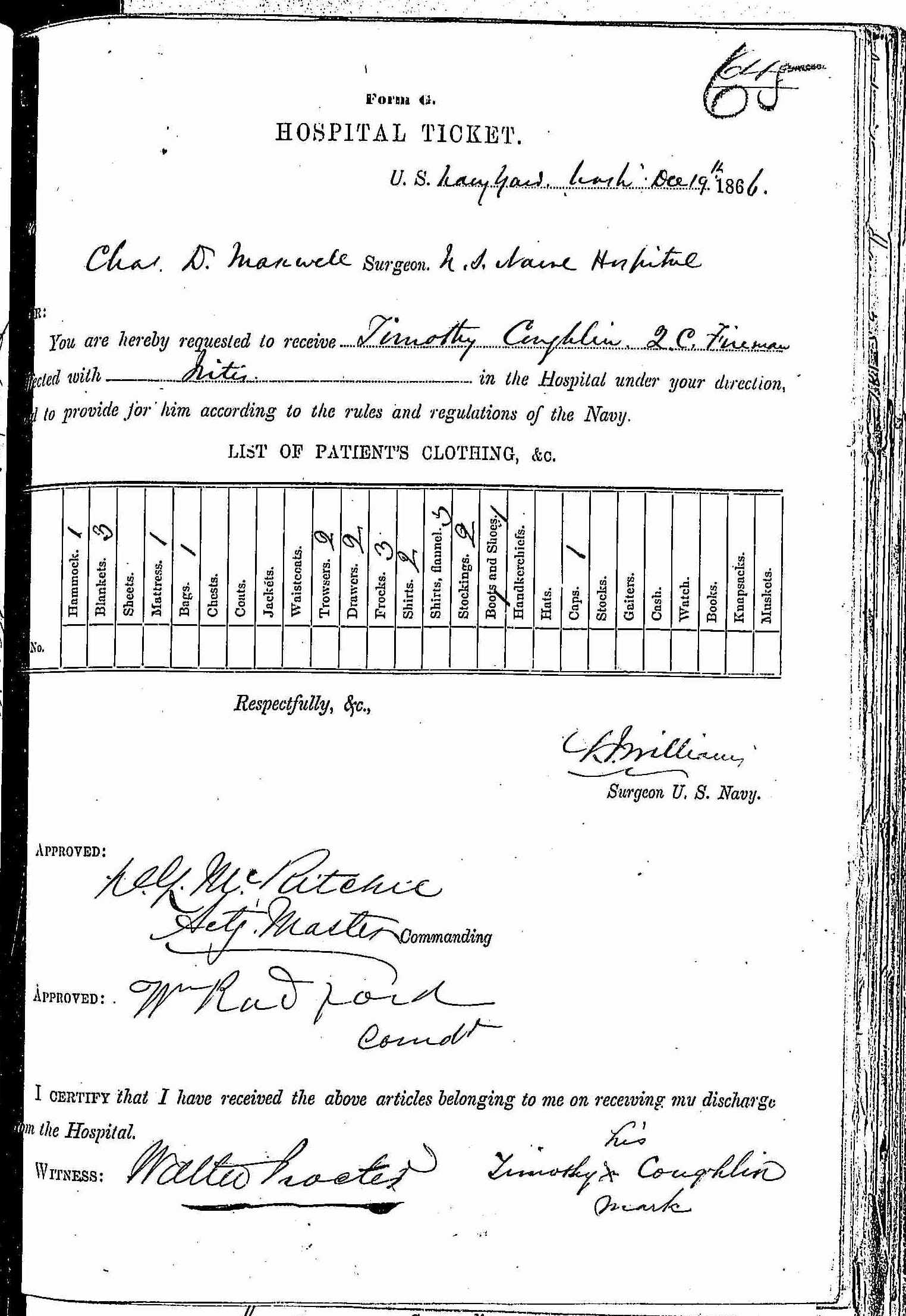 Entry for Thomas Collins (page 1 of 3) in the log Hospital Tickets and Case Papers - Naval Hospital - Washington, D.C. - 1865-68
