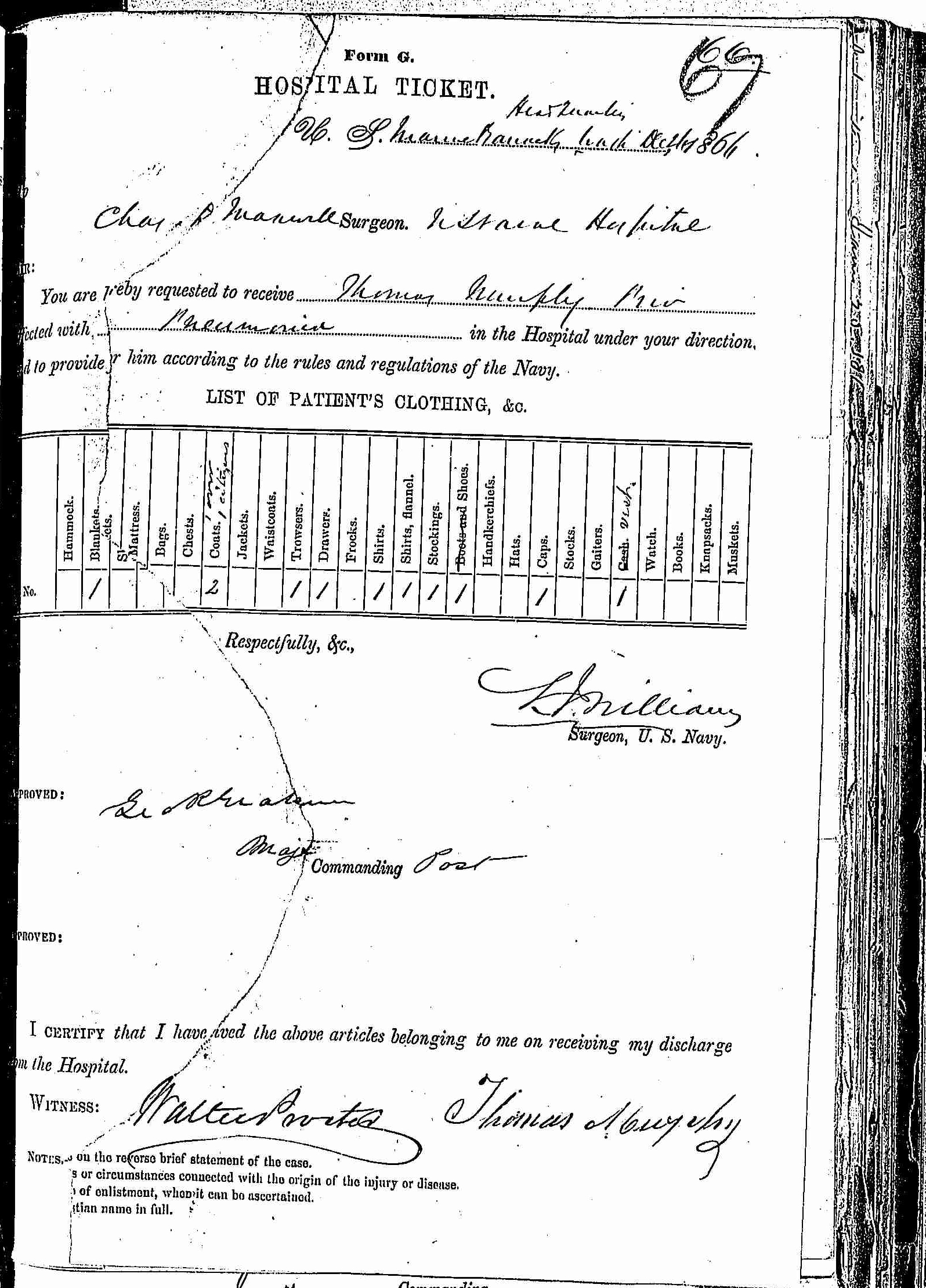 Entry for Thomas Murphy (page 1 of 2) in the log Hospital Tickets and Case Papers - Naval Hospital - Washington, D.C. - 1865-68