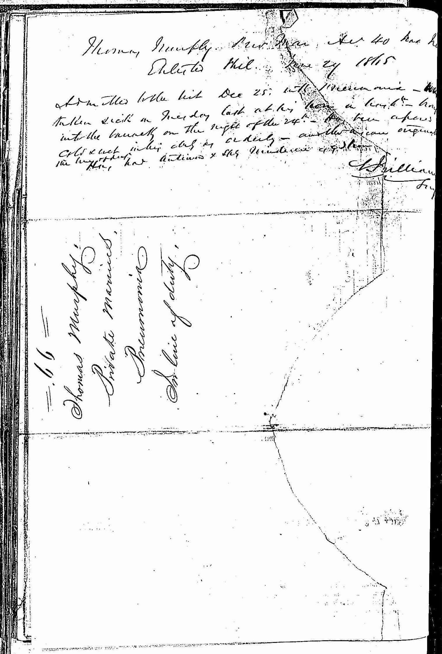 Entry for Thomas Murphy (page 2 of 2) in the log Hospital Tickets and Case Papers - Naval Hospital - Washington, D.C. - 1865-68