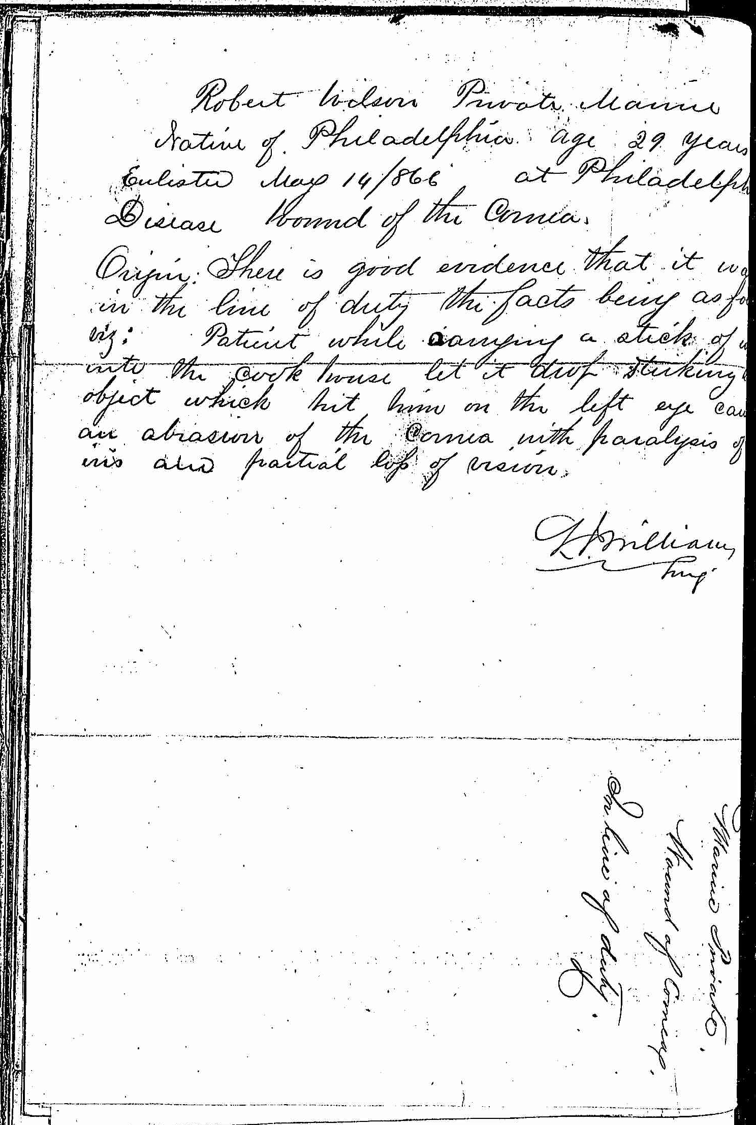 Entry for Robert Wilson (page 2 of 2) in the log Hospital Tickets and Case Papers - Naval Hospital - Washington, D.C. - 1865-68