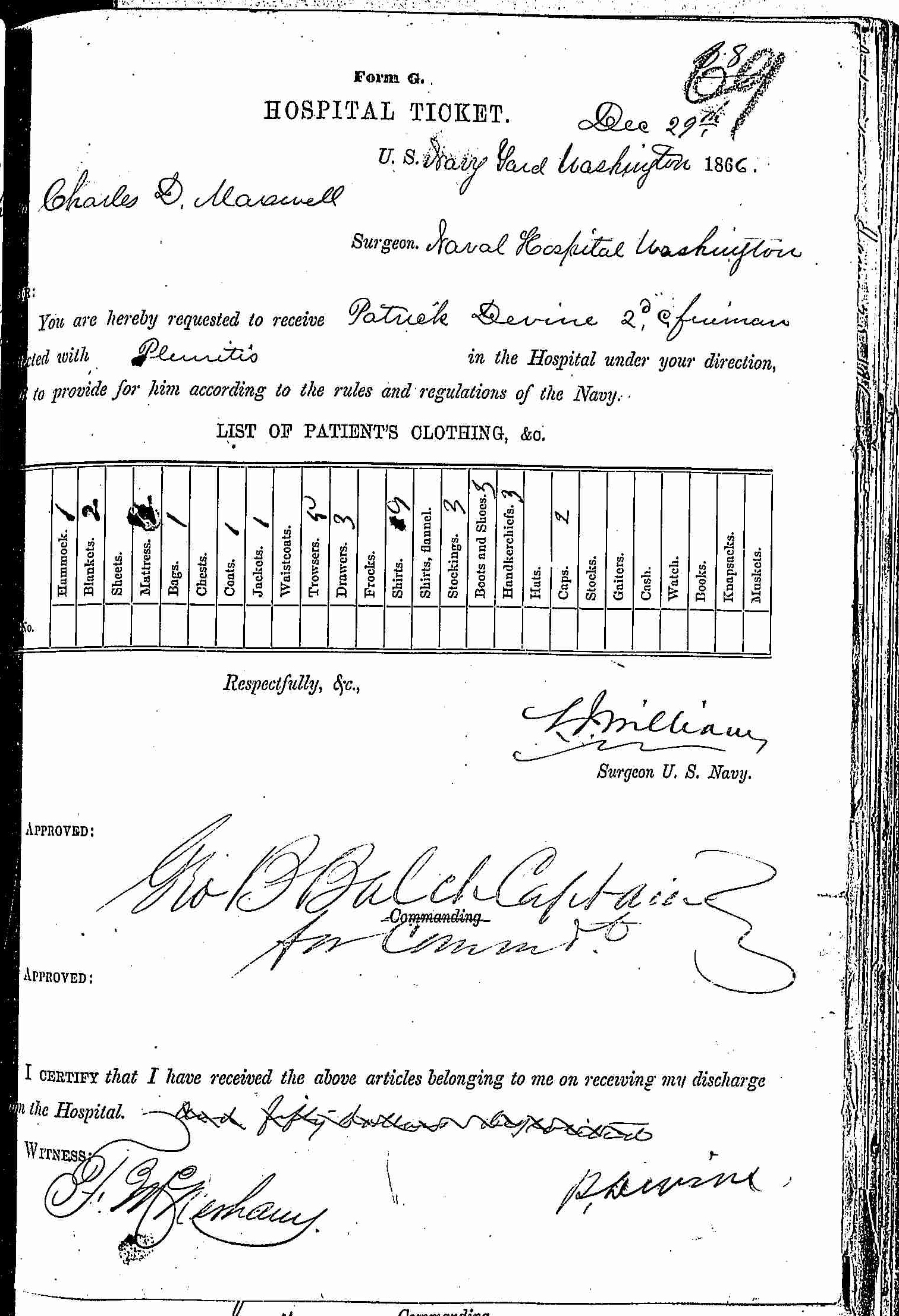 Entry for Patrick Devine (second admission page 1 of 2) in the log Hospital Tickets and Case Papers - Naval Hospital - Washington, D.C. - 1865-68