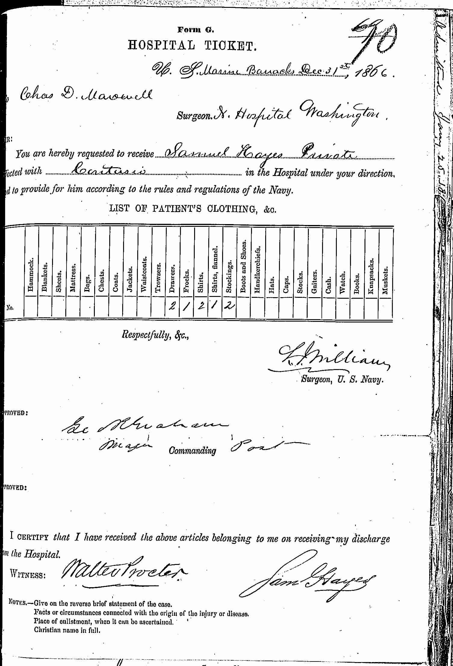 Entry for Samuel Hayes - (first admission page 1 of 2) in the log Hospital Tickets and Case Papers - Naval Hospital - Washington, D.C. - 1865-68