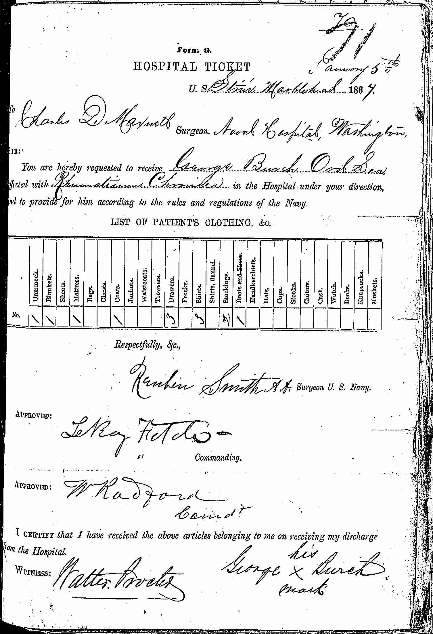 Entry for George Burch (page 1 of 2) in the log Hospital Tickets and Case Papers - Naval Hospital - Washington, D.C. - 1865-68