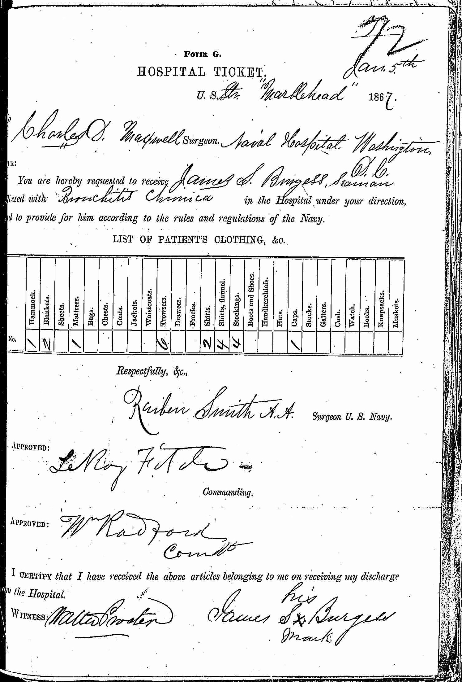 Entry for James S. Burgess (page 1 of 2) in the log Hospital Tickets and Case Papers - Naval Hospital - Washington, D.C. - 1865-68