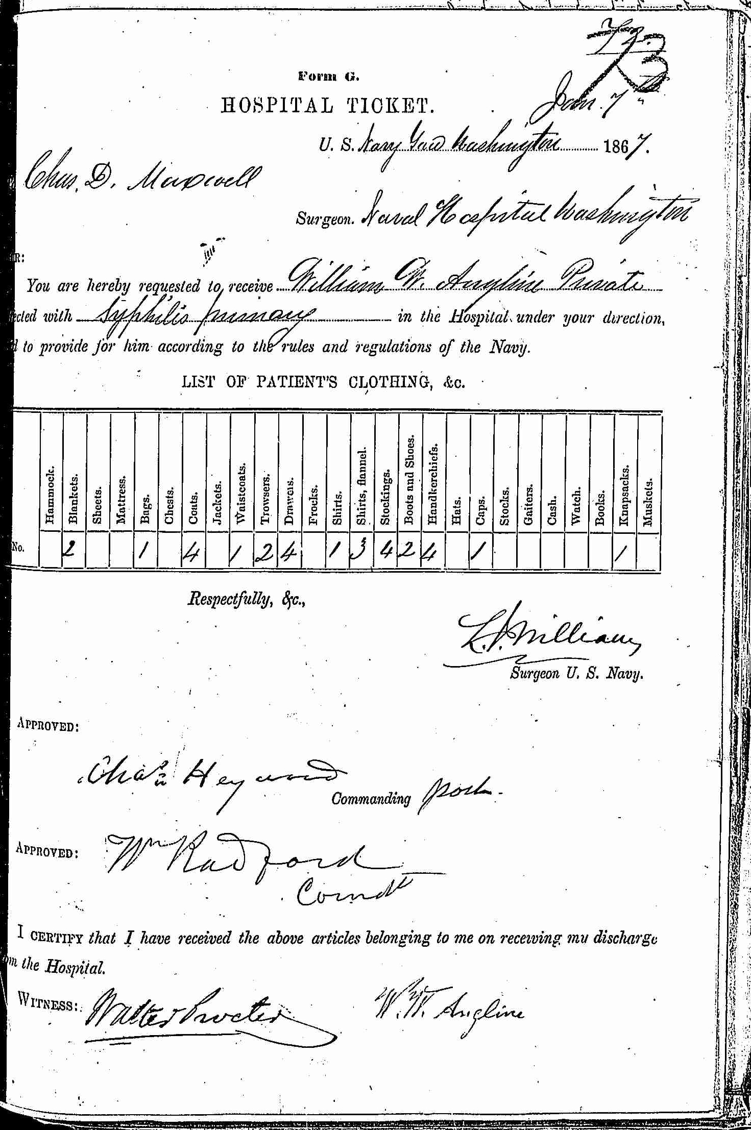 Entry for William W. Angline (second admission page 1 of 2) in the log Hospital Tickets and Case Papers - Naval Hospital - Washington, D.C. - 1865-68