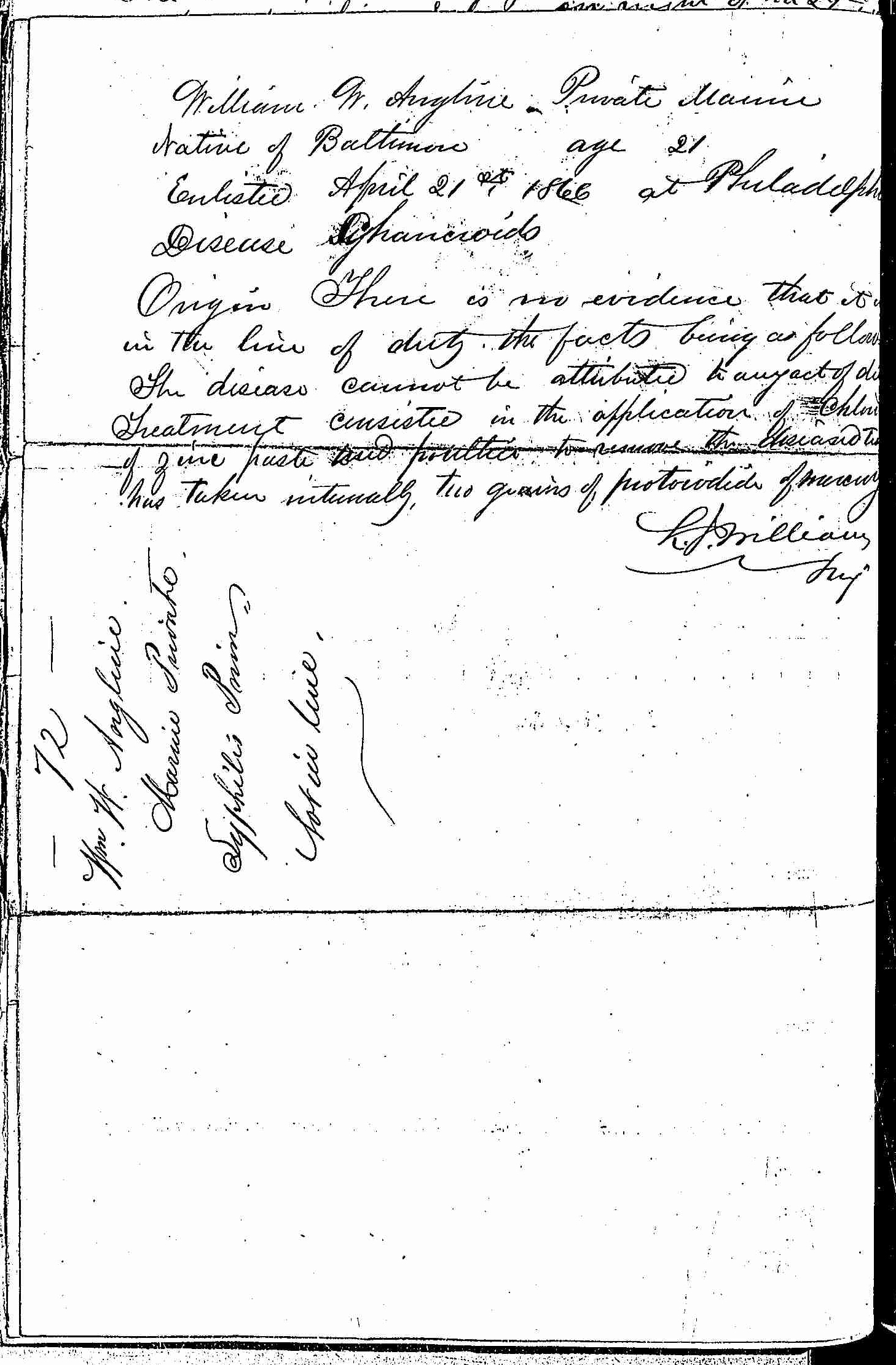 Entry for William W. Angline (second admission page 2 of 2) in the log Hospital Tickets and Case Papers - Naval Hospital - Washington, D.C. - 1865-68