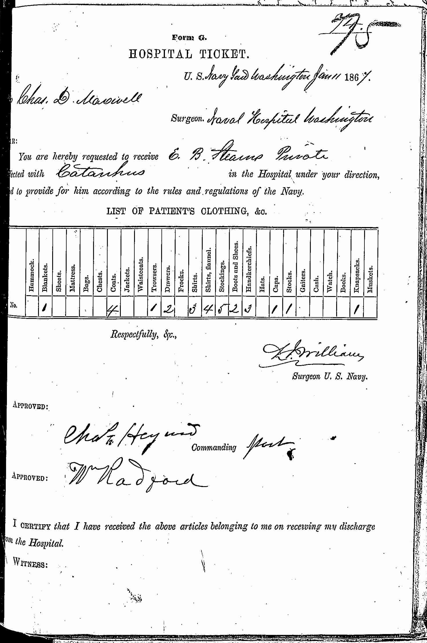 Entry for Edward B. Stearns (second admission - page 1 of 2) in the log Hospital Tickets and Case Papers - Naval Hospital - Washington, D.C. - 1865-68