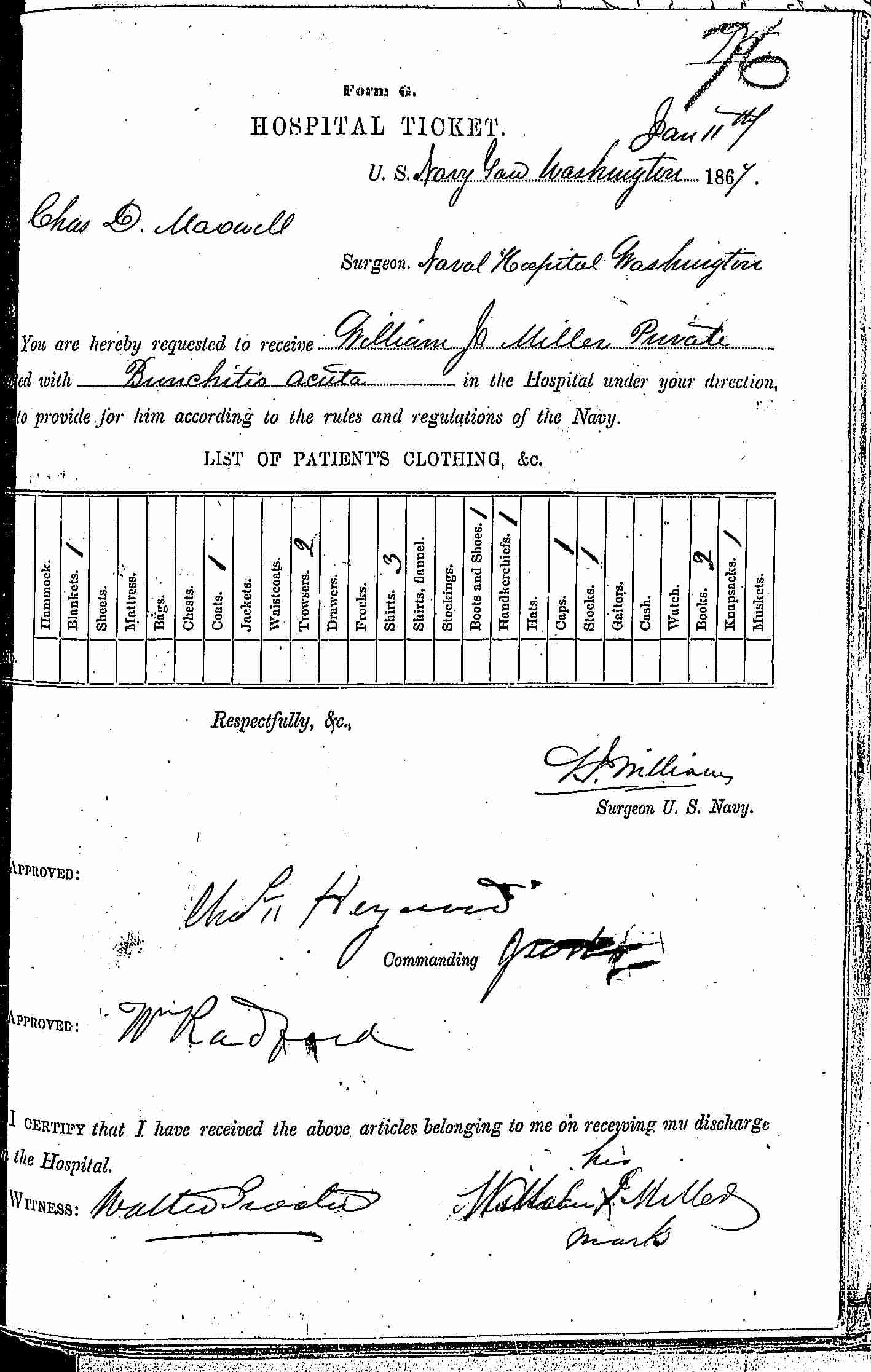 Entry for William J. Miller (page 1 of 2) in the log Hospital Tickets and Case Papers - Naval Hospital - Washington, D.C. - 1865-68