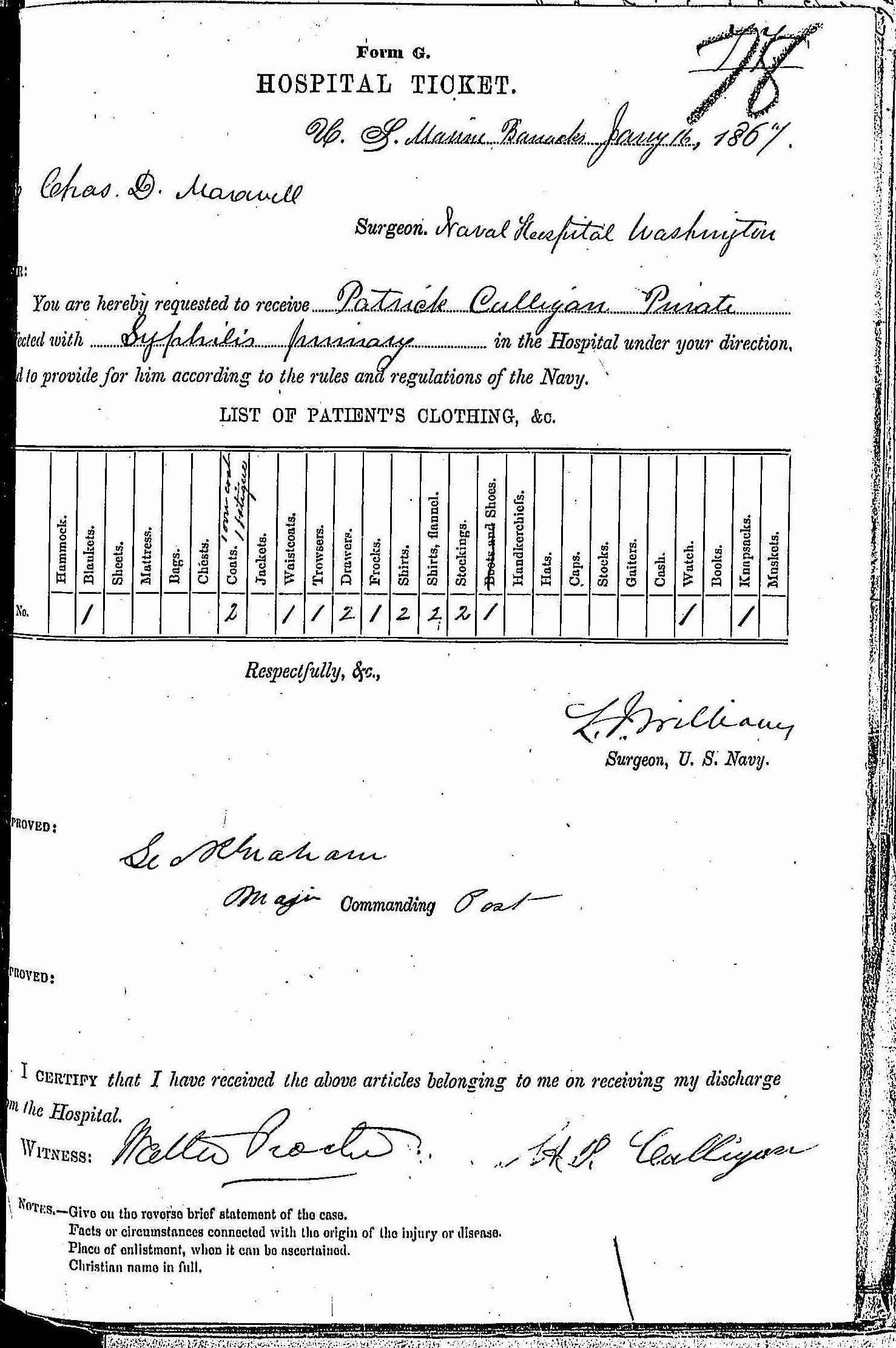 Entry for Patrick Culligan (page 1 of 2) in the log Hospital Tickets and Case Papers - Naval Hospital - Washington, D.C. - 1865-68
