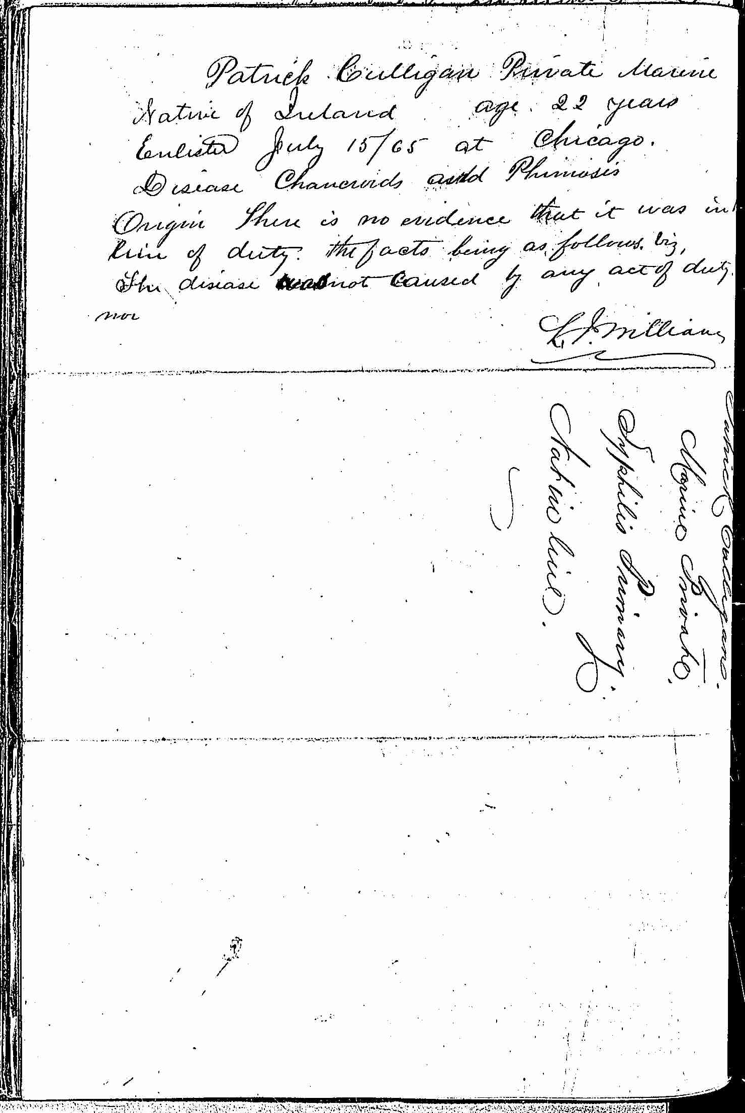 Entry for Patrick Culligan (page 2 of 2) in the log Hospital Tickets and Case Papers - Naval Hospital - Washington, D.C. - 1865-68