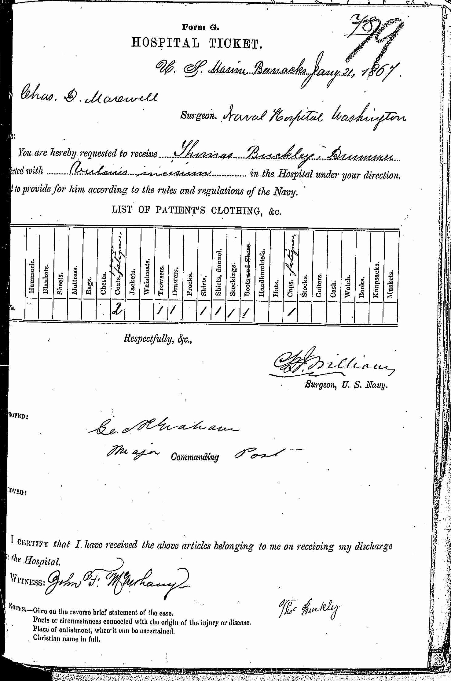 Entry for Thomas Buckley (page 1 of 2) in the log Hospital Tickets and Case Papers - Naval Hospital - Washington, D.C. - 1865-68