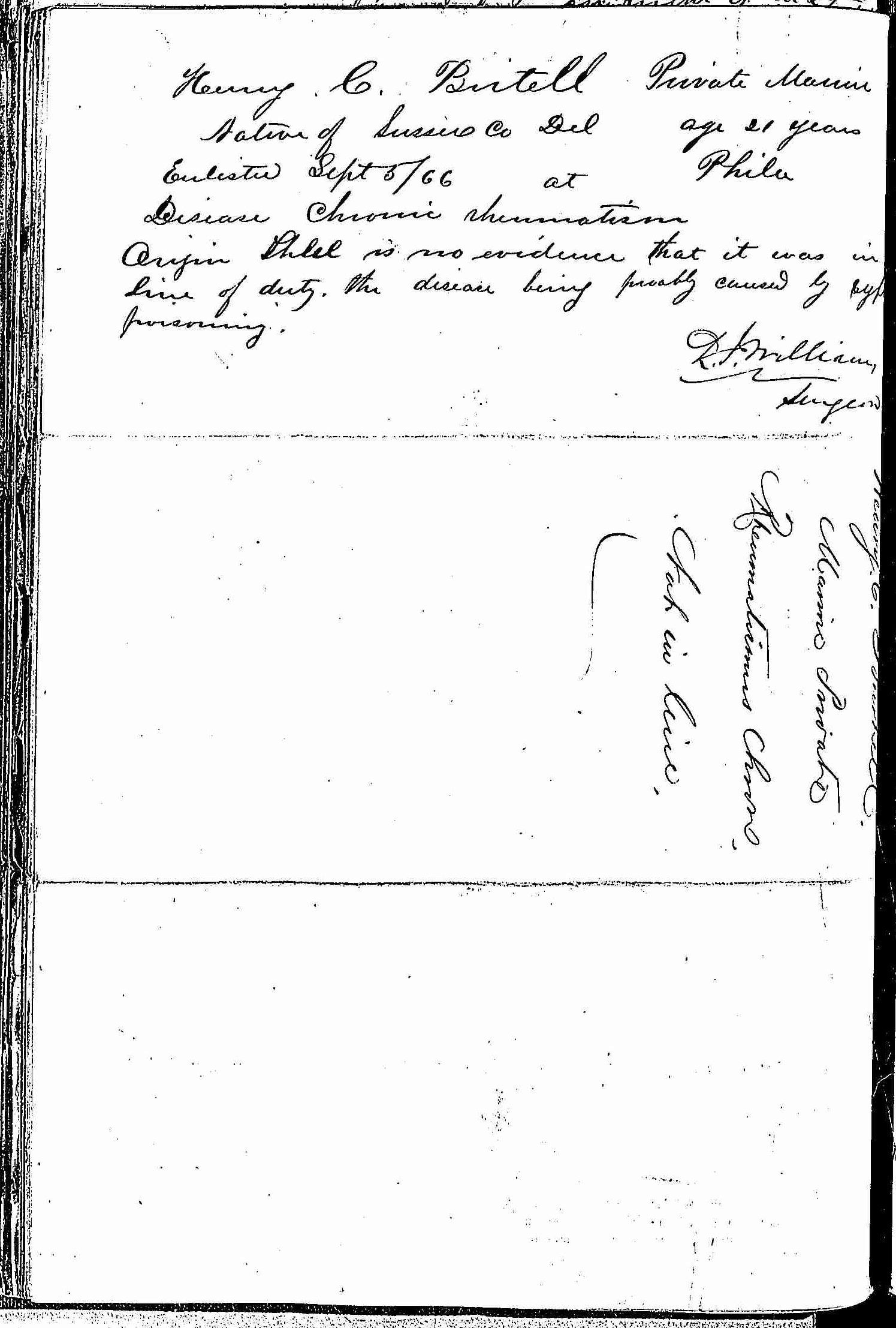 Entry for Henry C. Burtell (page 2 of 2) in the log Hospital Tickets and Case Papers - Naval Hospital - Washington, D.C. - 1865-68