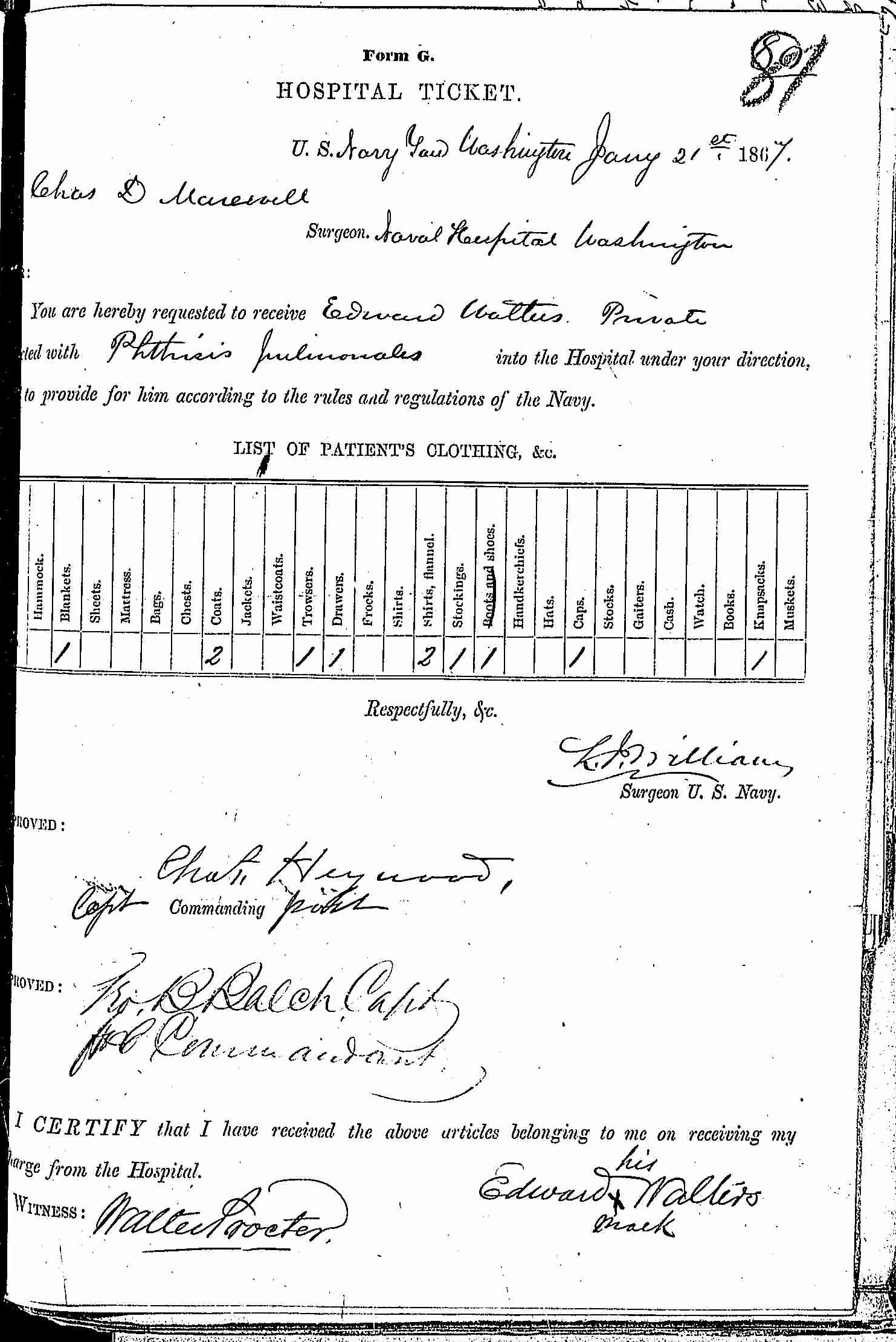 Entry for Edward Walters (second admission page 1 of 2) in the log Hospital Tickets and Case Papers - Naval Hospital - Washington, D.C. - 1865-68