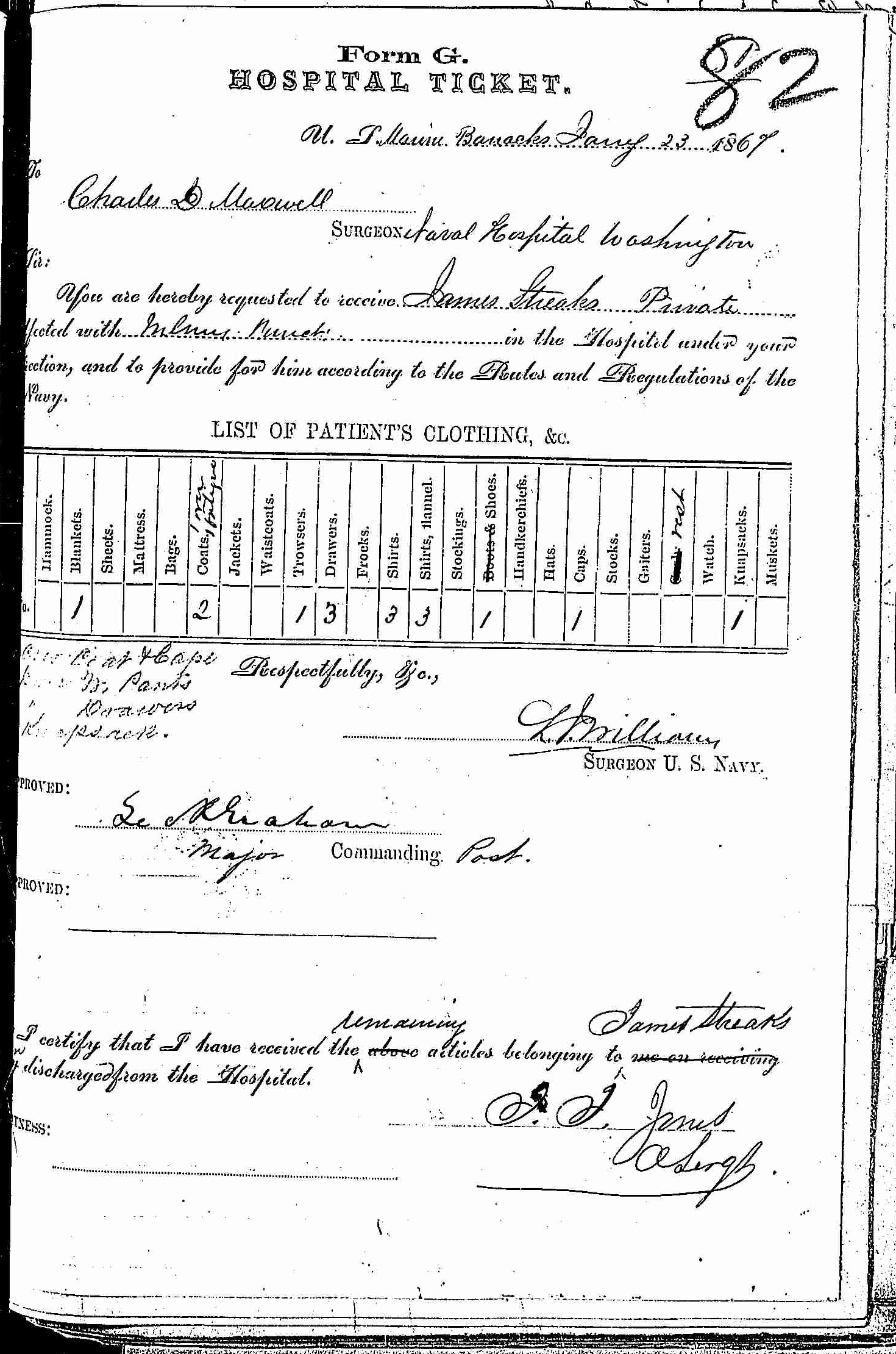 Entry for James Streaks (page 1 of 2) in the log Hospital Tickets and Case Papers - Naval Hospital - Washington, D.C. - 1865-68