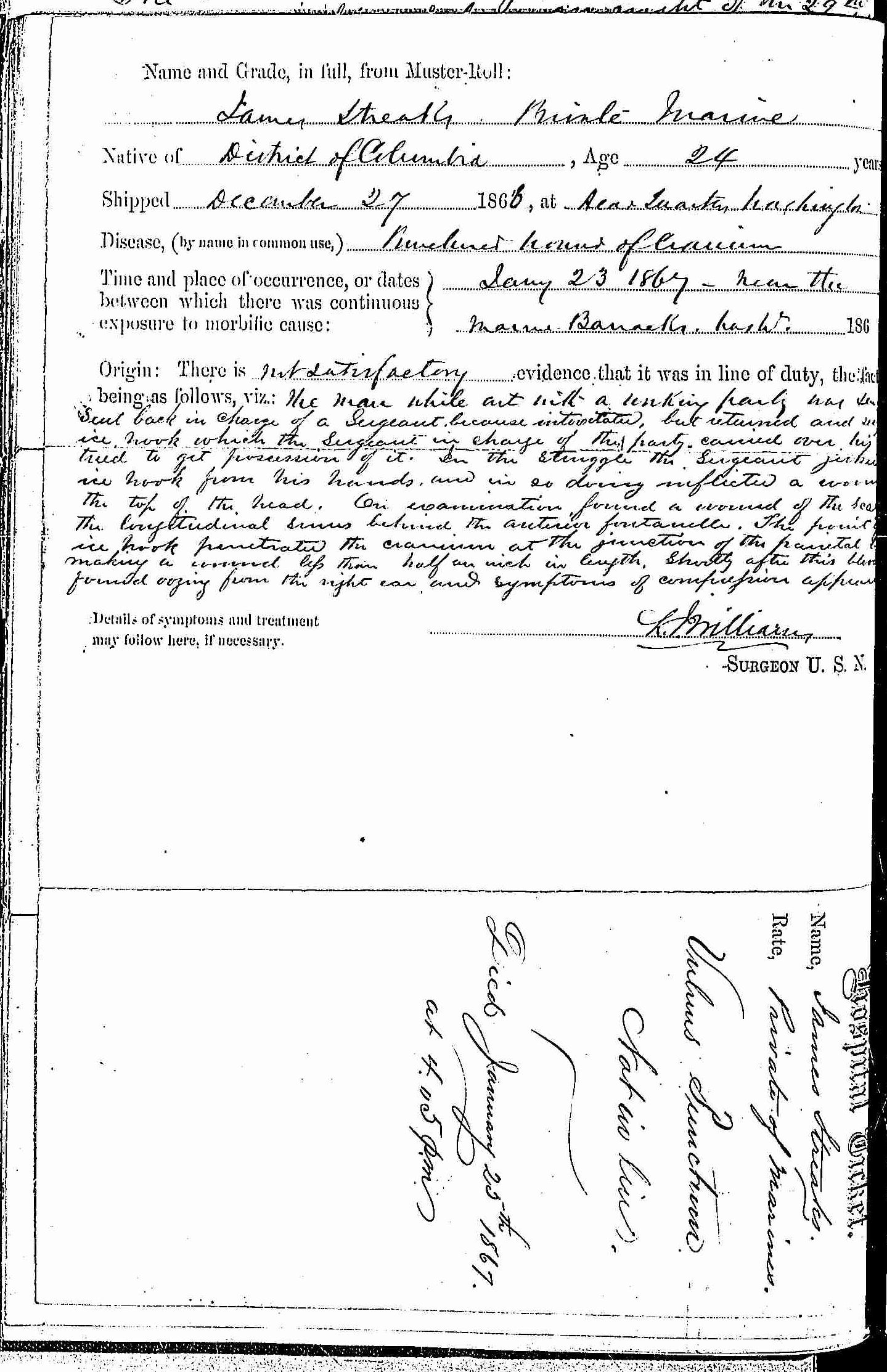 Entry for James Streaks (page 2 of 2) in the log Hospital Tickets and Case Papers - Naval Hospital - Washington, D.C. - 1865-68