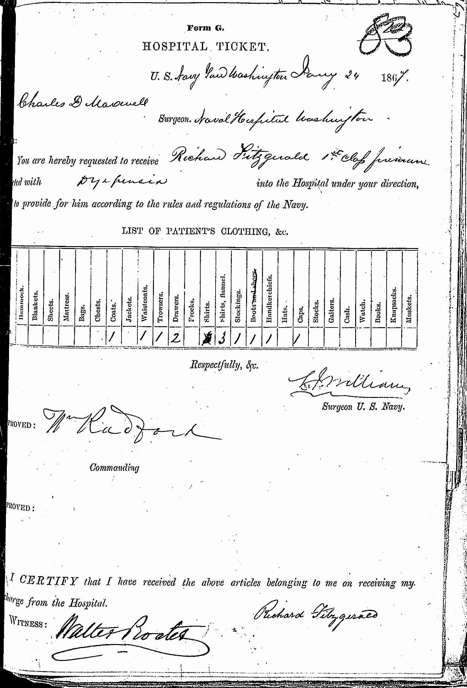 Entry for Richard Fitzgerald (page 1 of 2) in the log Hospital Tickets and Case Papers - Naval Hospital - Washington, D.C. - 1865-68