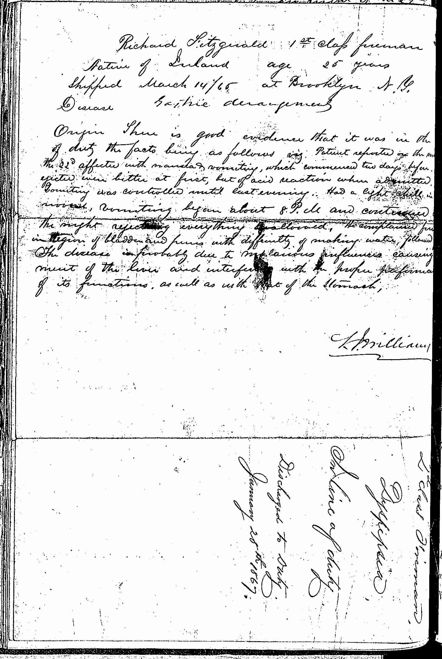 Entry for Richard Fitzgerald (page 2 of 2) in the log Hospital Tickets and Case Papers - Naval Hospital - Washington, D.C. - 1865-68