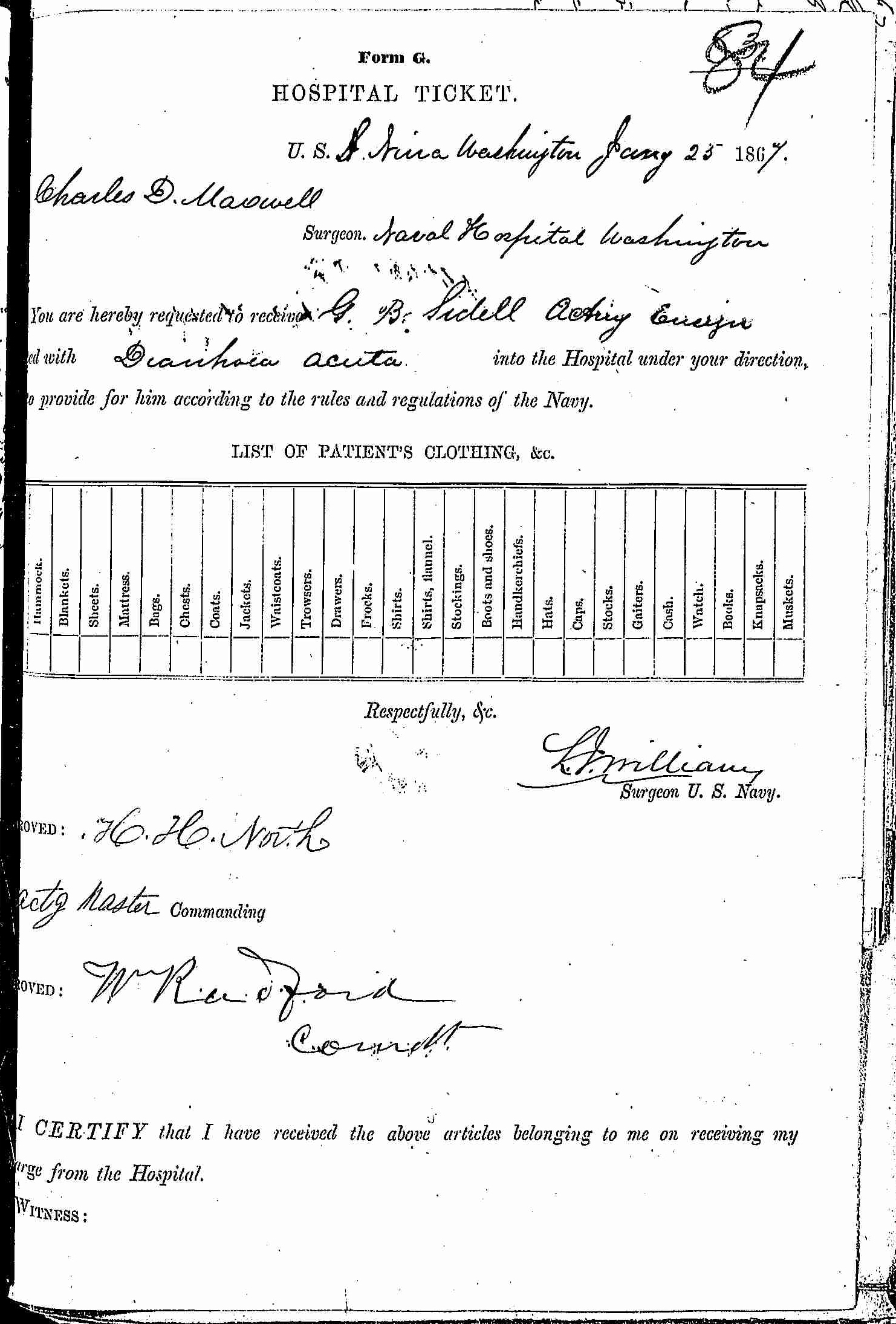 Entry for George B. Sidell (page 1 of 2) in the log Hospital Tickets and Case Papers - Naval Hospital - Washington, D.C. - 1865-68