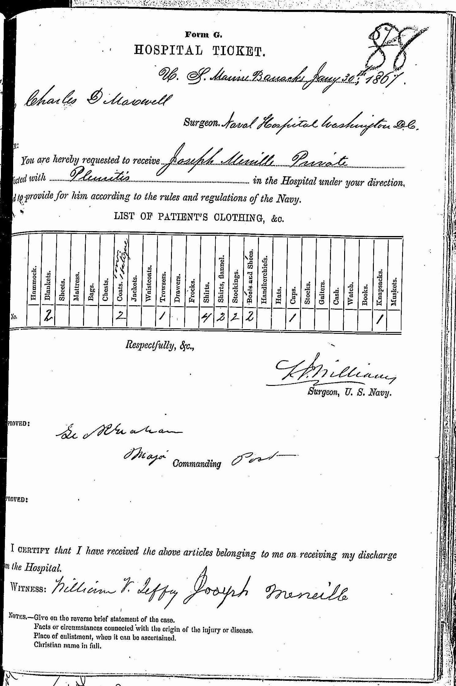 Entry for Joseph Melville (page 1 of 2) in the log Hospital Tickets and Case Papers - Naval Hospital - Washington, D.C. - 1865-68