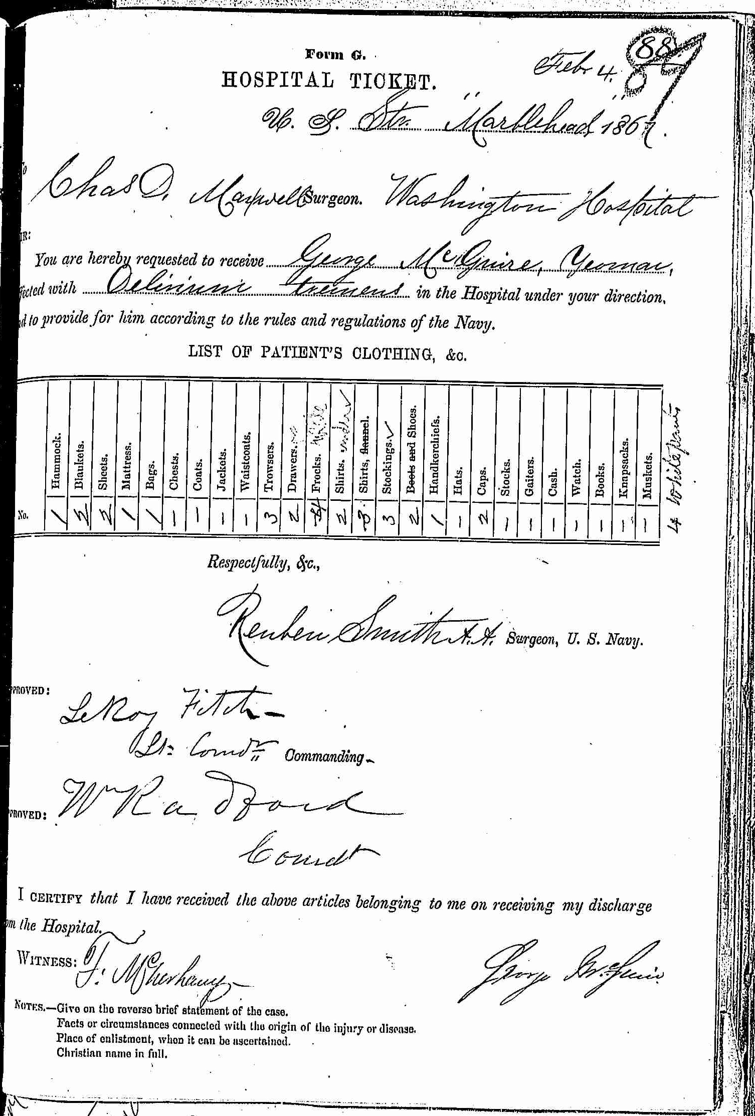 Entry for George McGuire (page 1 of 2) in the log Hospital Tickets and Case Papers - Naval Hospital - Washington, D.C. - 1865-68