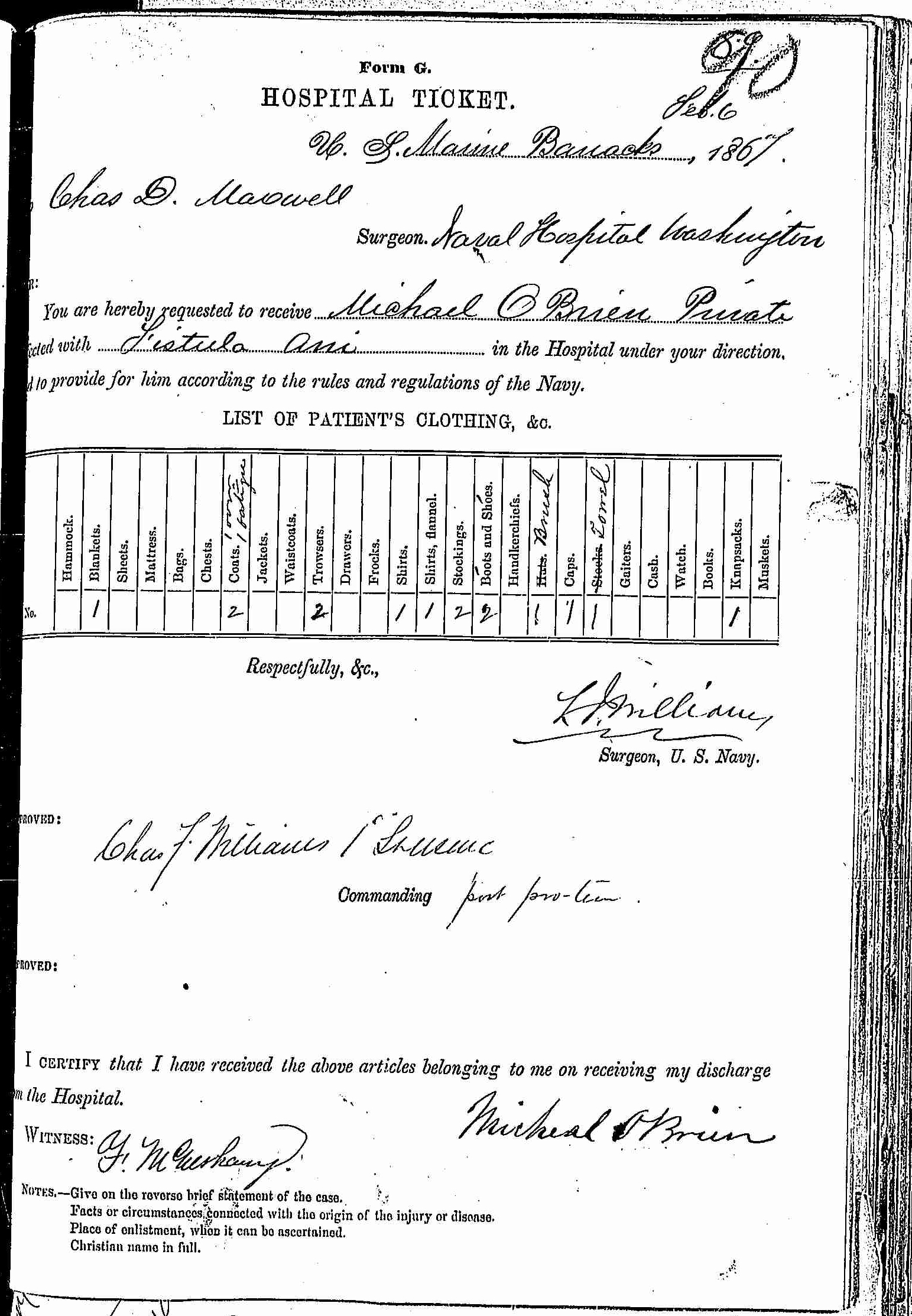 Entry for Michael O'Brien (page 1 of 2) in the log Hospital Tickets and Case Papers - Naval Hospital - Washington, D.C. - 1865-68