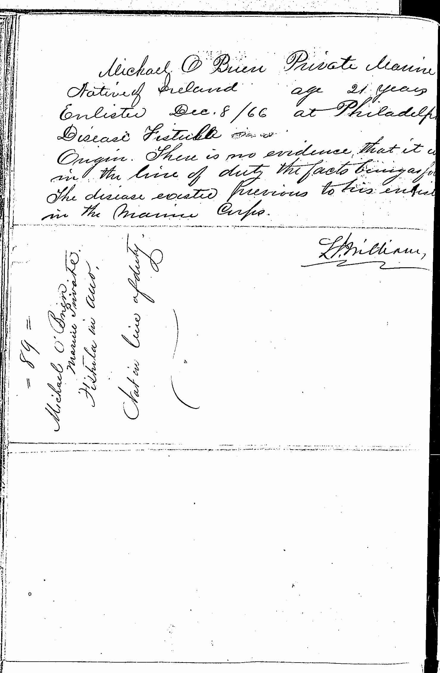 Entry for Michael O'Brien (page 2 of 2) in the log Hospital Tickets and Case Papers - Naval Hospital - Washington, D.C. - 1865-68