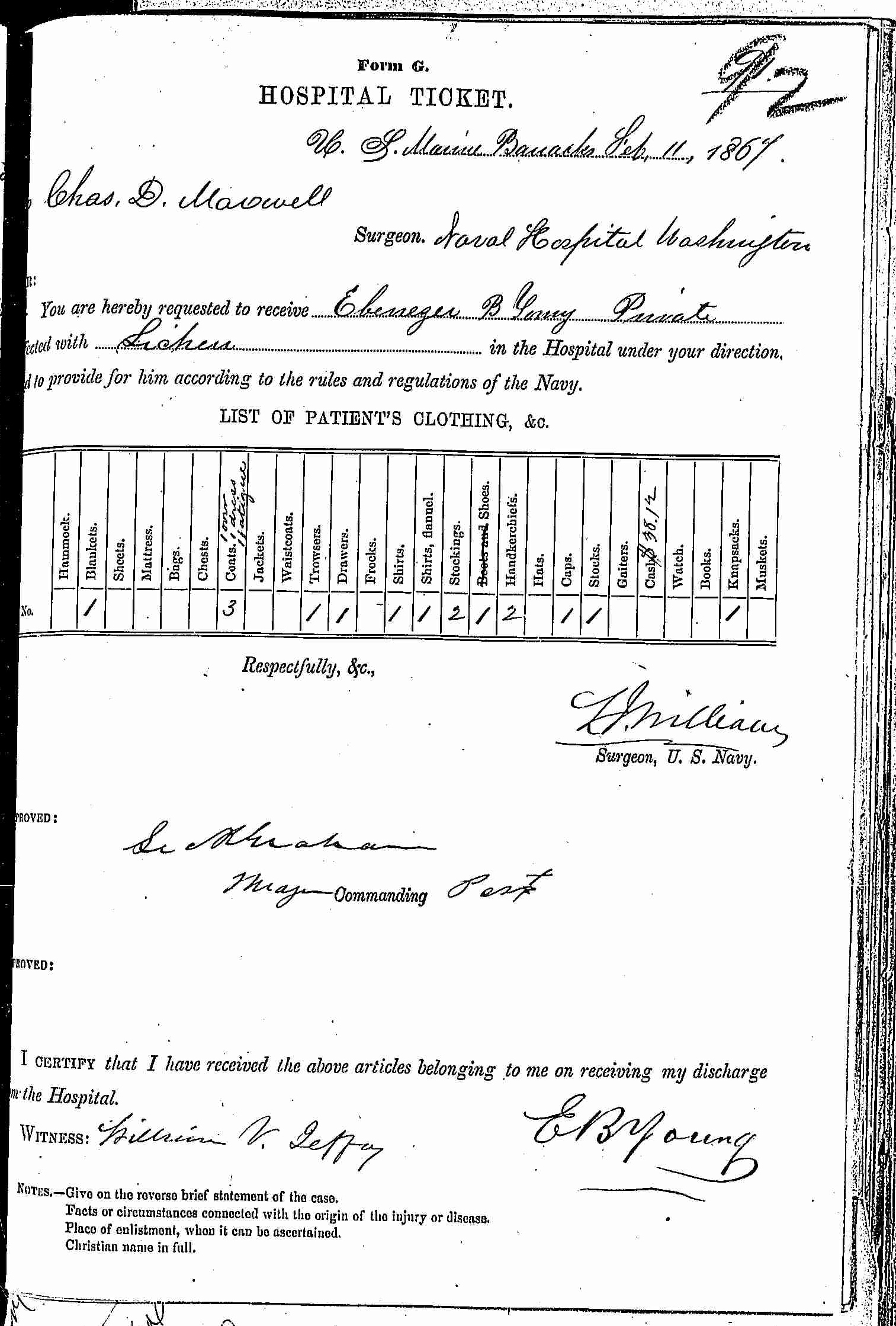 Entry for Ebenezer B. Young (page 1 of 2) in the log Hospital Tickets and Case Papers - Naval Hospital - Washington, D.C. - 1865-68