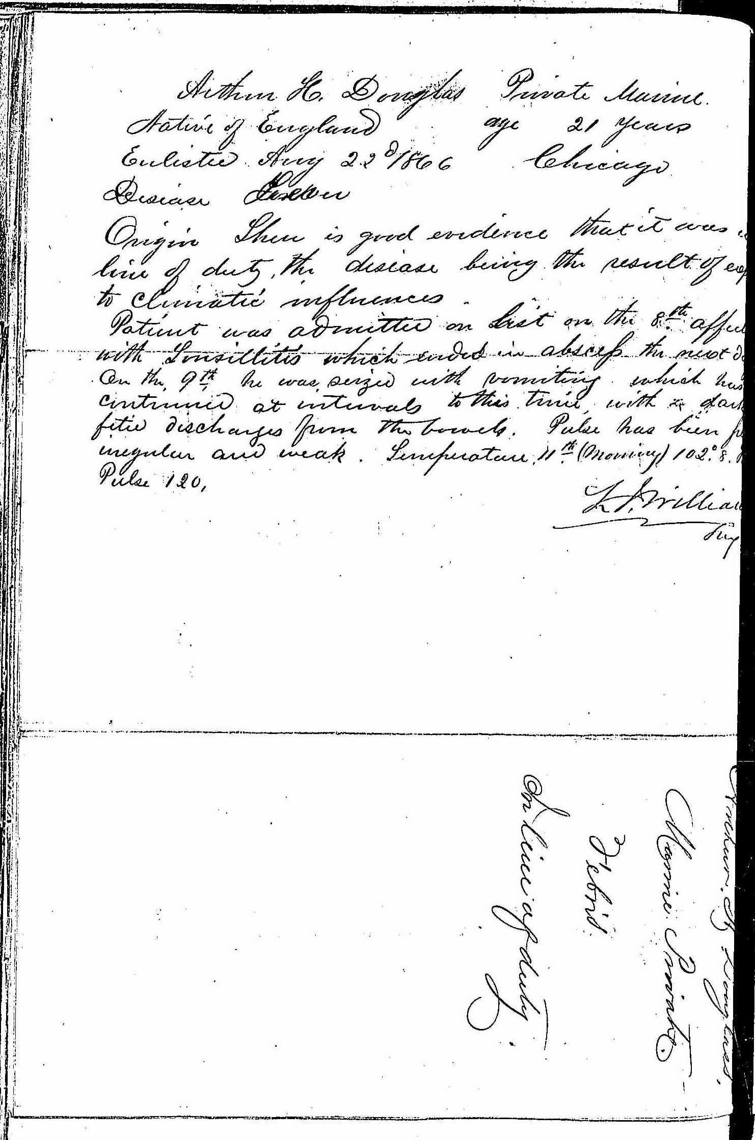 Entry for Arthur H. Douglas (page 2 of 2) in the log Hospital Tickets and Case Papers - Naval Hospital - Washington, D.C. - 1865-68