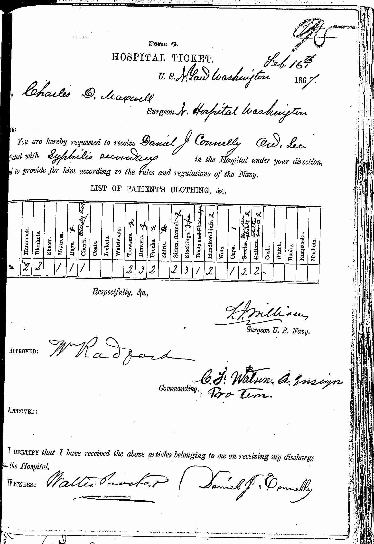 Entry for Daniel J. Connelly (page 1 of 2) in the log Hospital Tickets and Case Papers - Naval Hospital - Washington, D.C. - 1865-68