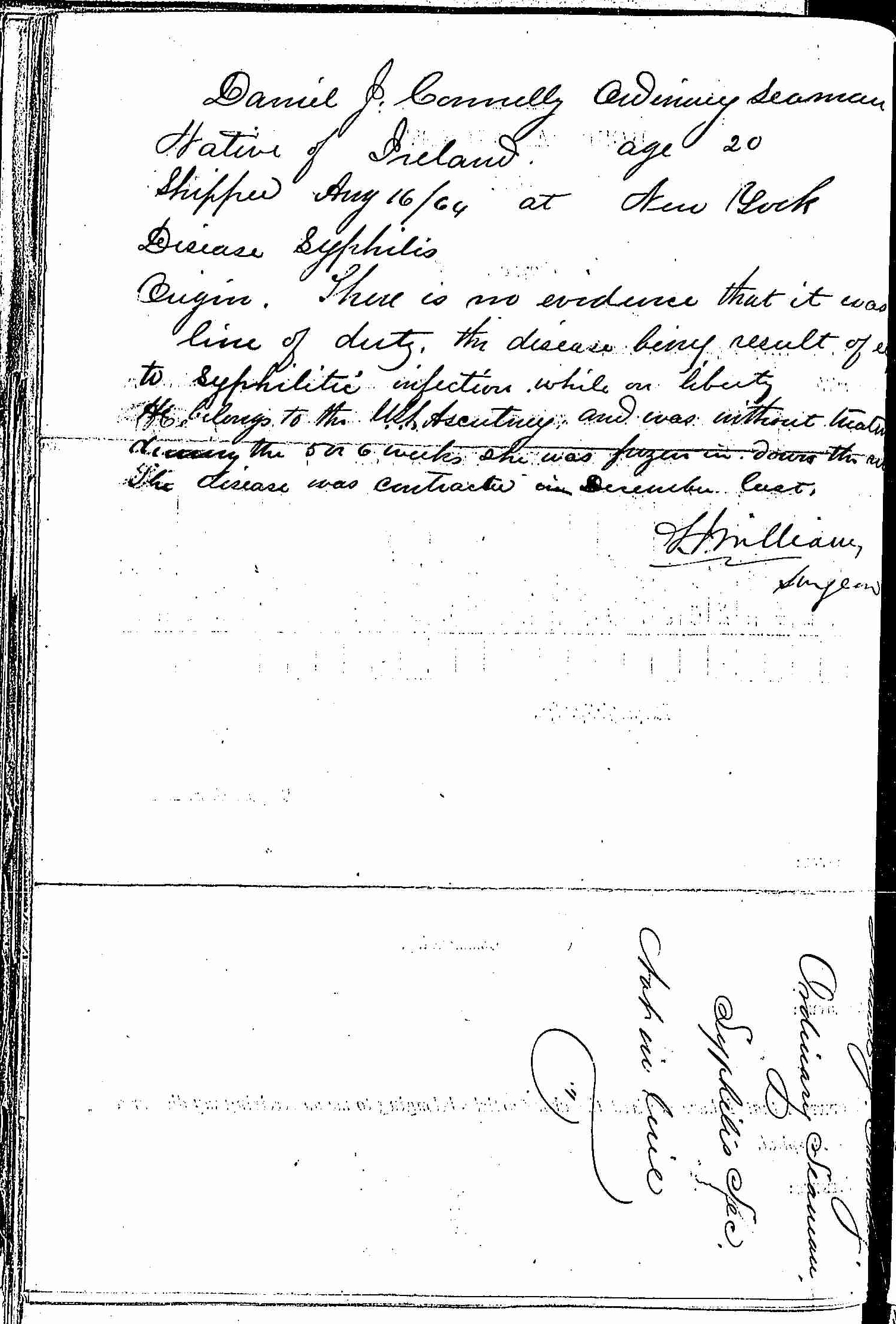 Entry for Daniel J. Connelly (page 2 of 2) in the log Hospital Tickets and Case Papers - Naval Hospital - Washington, D.C. - 1865-68