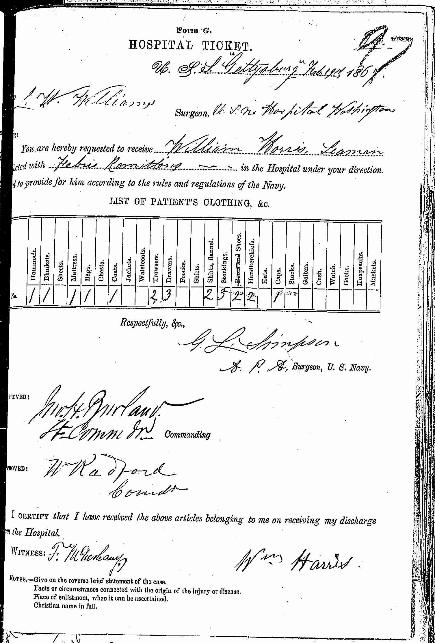 Entry for William Harris (page 1 of 2) in the log Hospital Tickets and Case Papers - Naval Hospital - Washington, D.C. - 1866-68