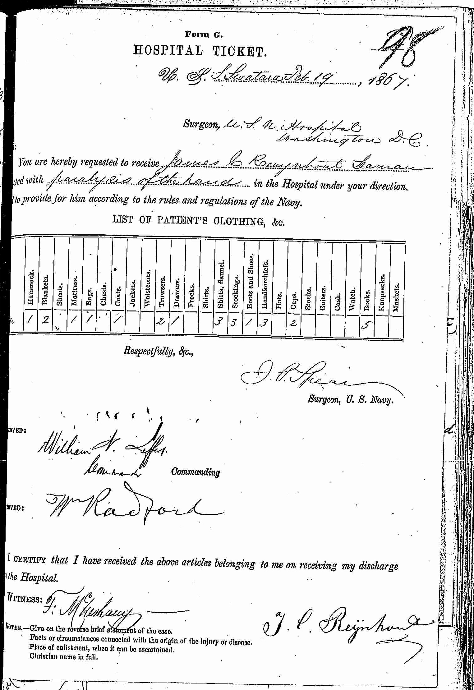 Entry for James Reynhout (page 1 of 2) in the log Hospital Tickets and Case Papers - Naval Hospital - Washington, D.C. - 1866-68