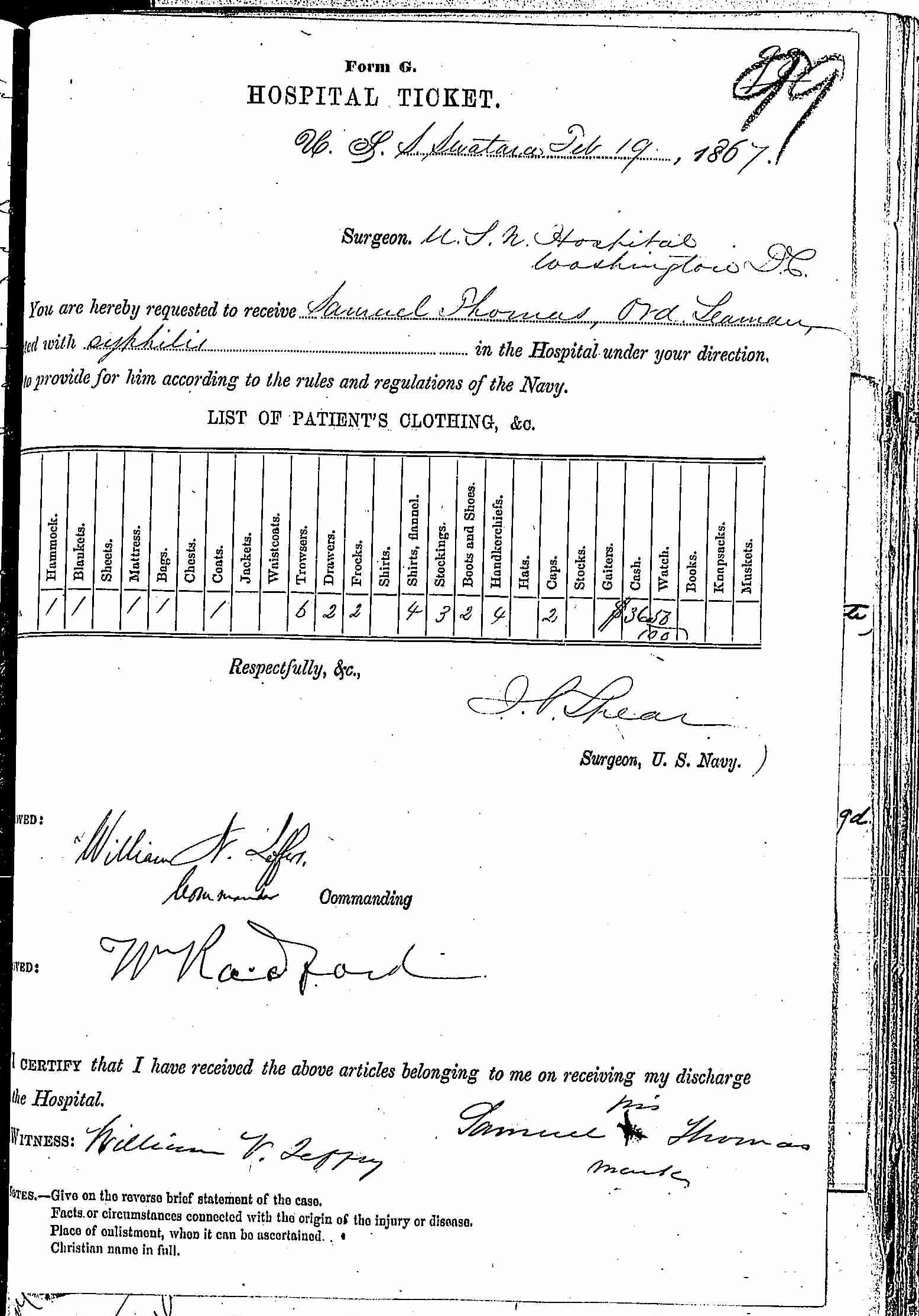 Entry for Samuel Thomas (page 1 of 2) in the log Hospital Tickets and Case Papers - Naval Hospital - Washington, D.C. - 1866-68