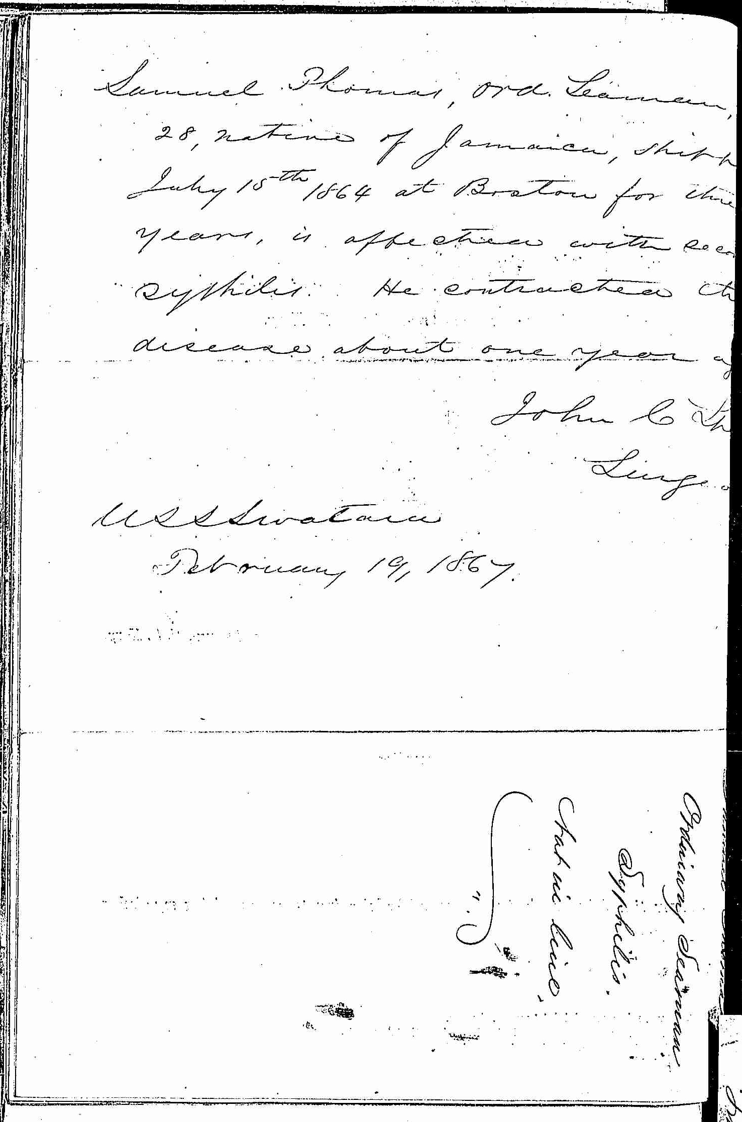 Entry for Samuel Thomas (page 2 of 2) in the log Hospital Tickets and Case Papers - Naval Hospital - Washington, D.C. - 1866-68