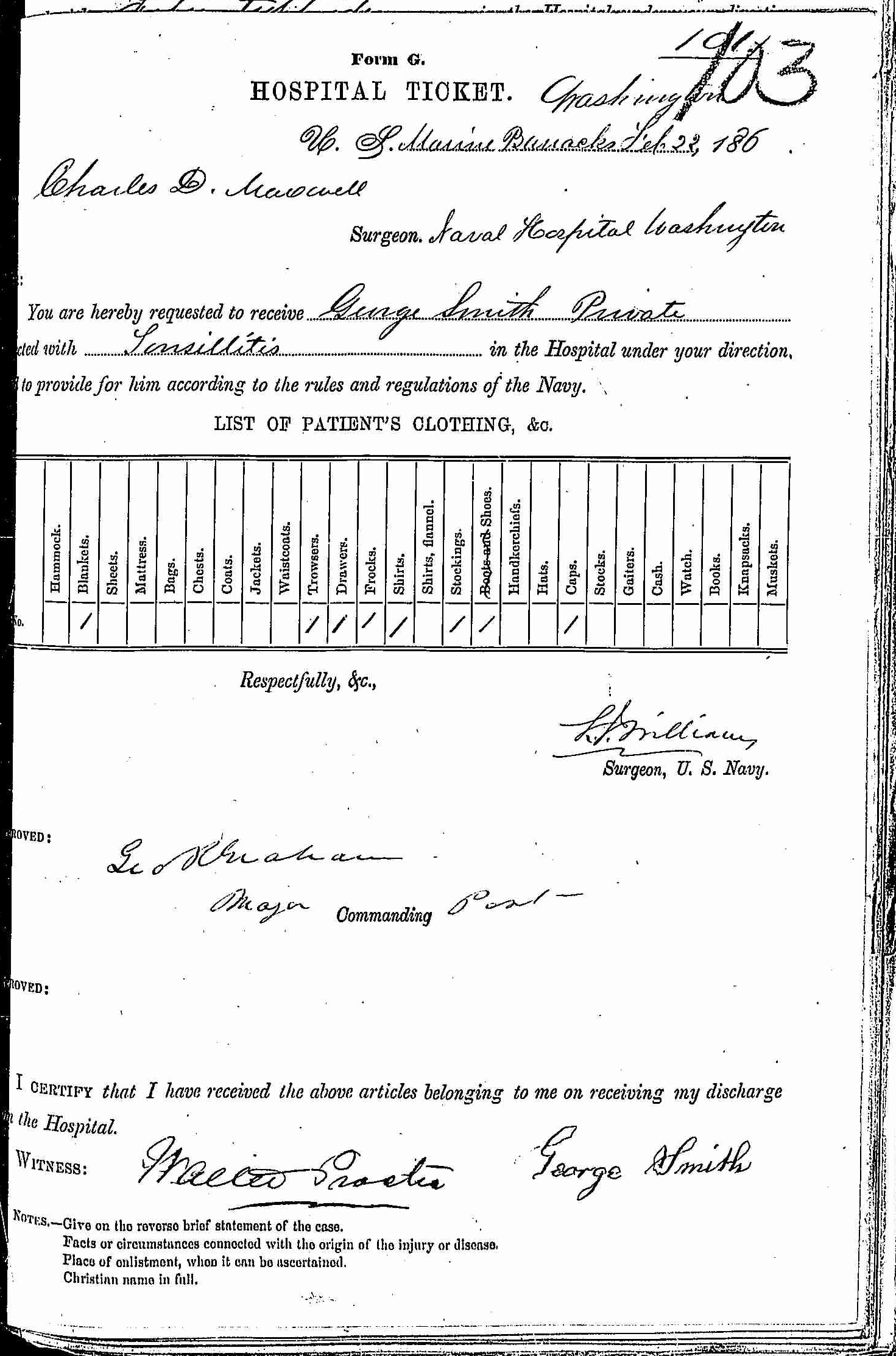 Entry for John Hammell (page 1 of 2) in the log Hospital Tickets and Case Papers - Naval Hospital - Washington, D.C. - 1866-68