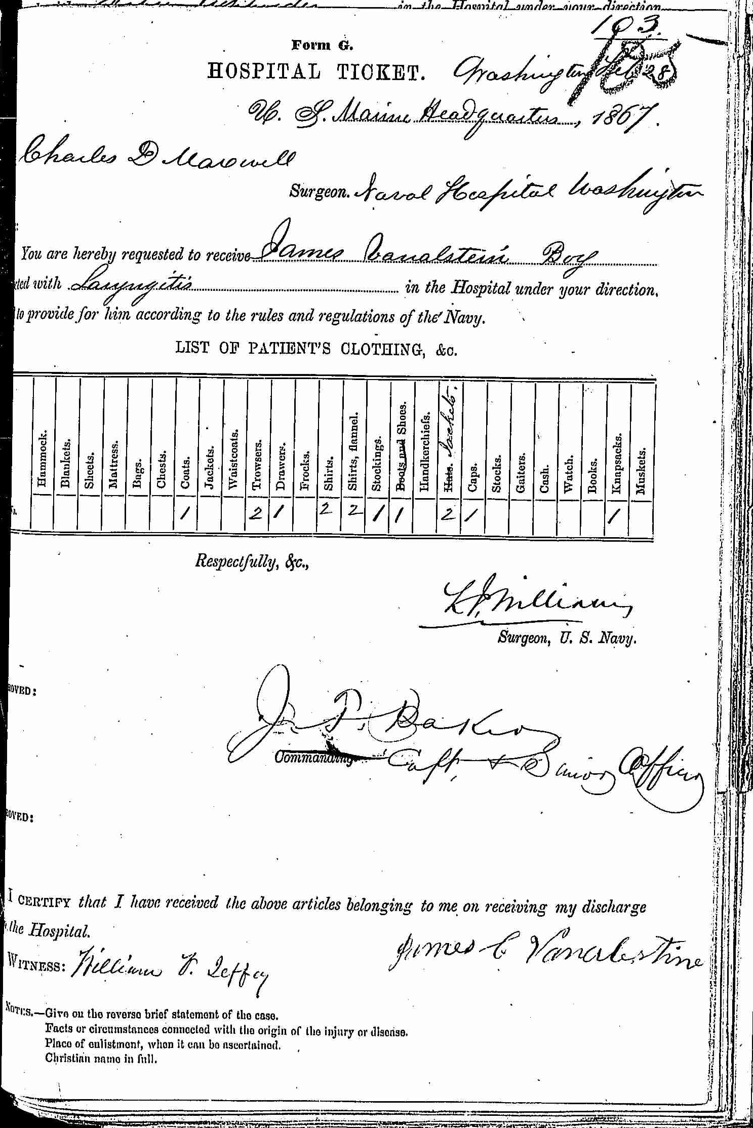 Entry for James Vanalstein (page 1 of 2) in the log Hospital Tickets and Case Papers - Naval Hospital - Washington, D.C. - 1866-68