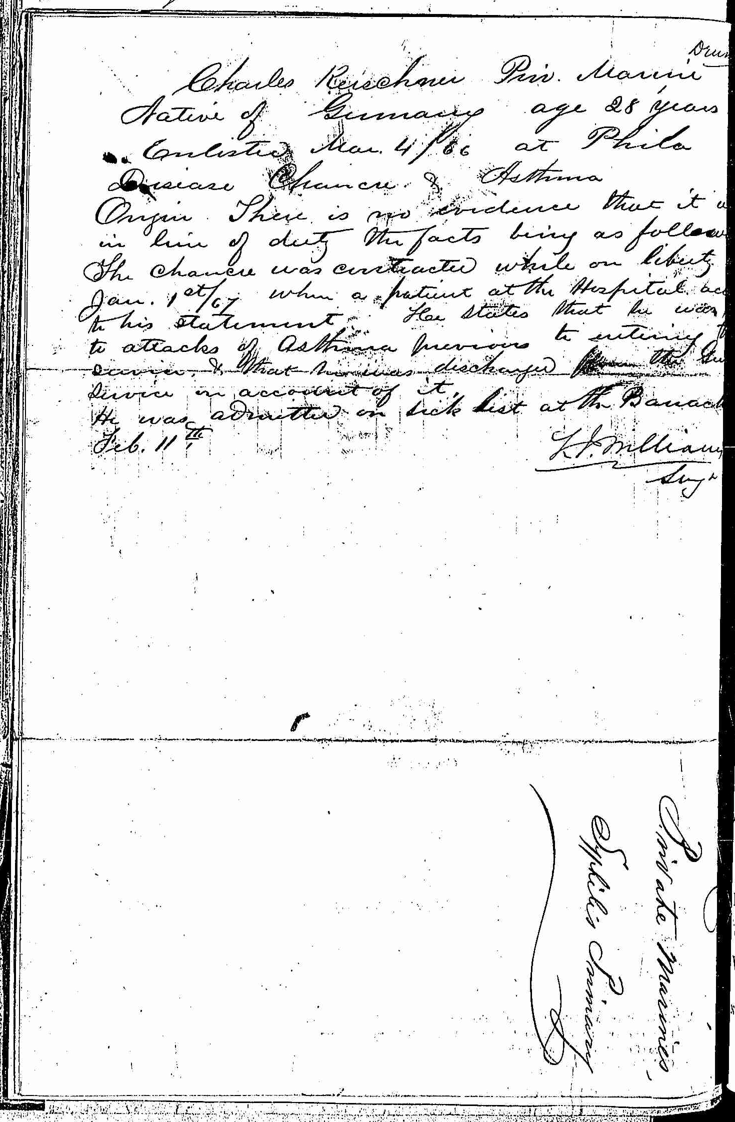 Entry for Charles Kerschner (second admission page 2 of 2) in the log Hospital Tickets and Case Papers - Naval Hospital - Washington, D.C. - 1866-68