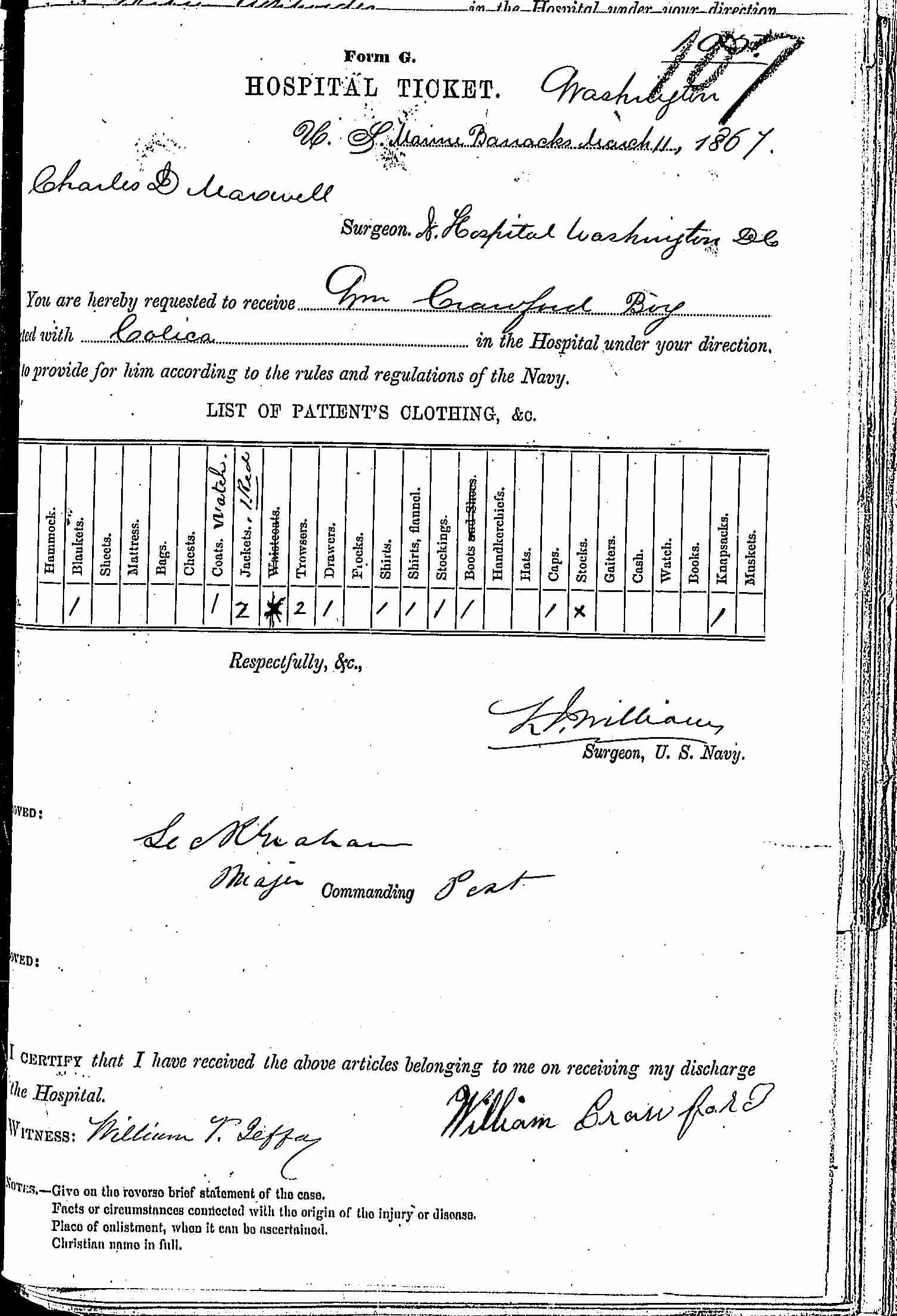 Entry for William Crawford (page 1 of 2) in the log Hospital Tickets and Case Papers - Naval Hospital - Washington, D.C. - 1866-68