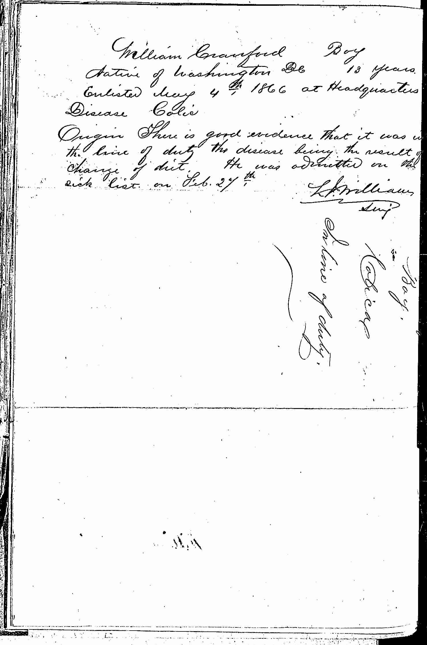 Entry for William Crawford (page 2 of 2) in the log Hospital Tickets and Case Papers - Naval Hospital - Washington, D.C. - 1866-68